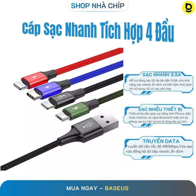 Cáp sạc đa năng Baseus Rapid Series 4 trong 1 cho iPhone iPad, Smartphone & Tablet Android 3.5A, 1.2M, Type C Micro IP , Fast charge 4 in 1 Cable- Hàng chính hãng