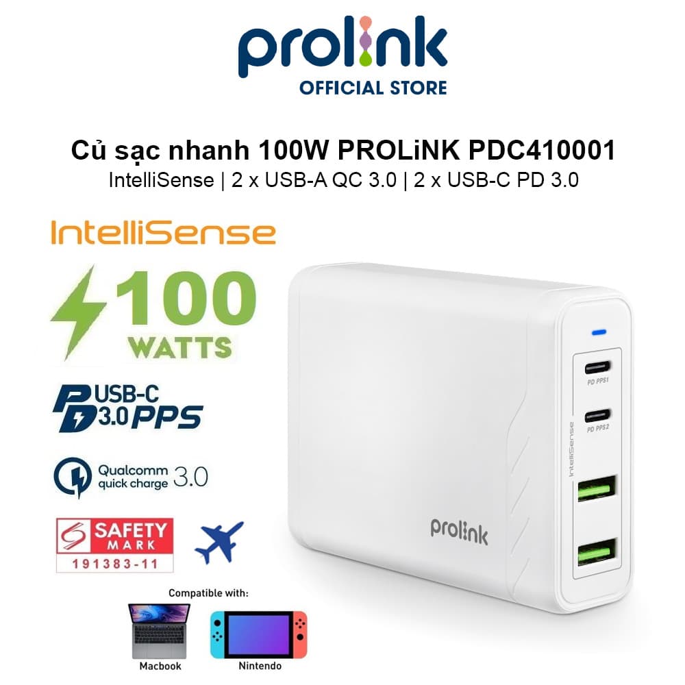Củ sạc nhanh 100W PROLiNK PDC410001, 4 cổng 2xUSB-A QC 3.0 & 2xUSB-C PD 3.0 IntelliSense, sạc điện thoại, laptop - Hàng chính hãng