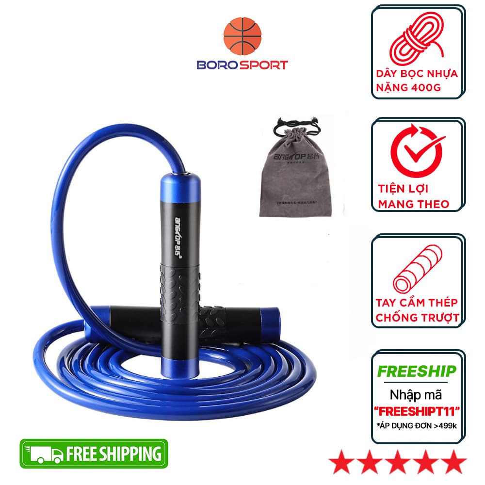 Dây nhảy thể lực CLEACCO trọng lượng nặng 400g , tay cầm kim loại đầm tay  dùng trong Boxing, Muay Thai  giúp  đốt cháy calo nhanh   tặng kèm túi vải BORO SPORT - Dây nhựa PVC - Xanh dương