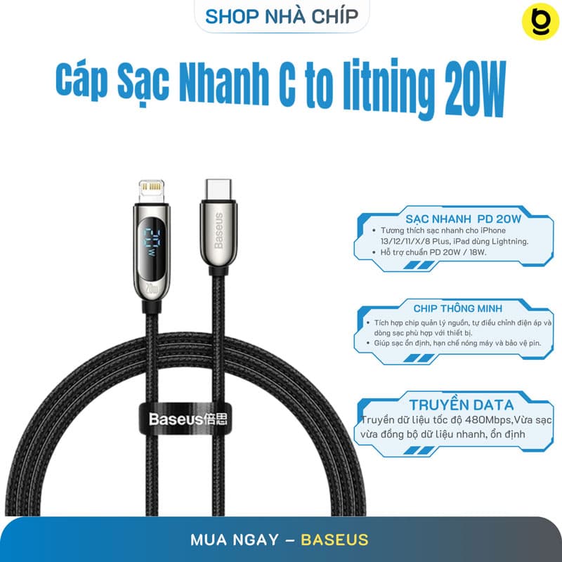 Cáp sạc nhanh tích hợp màn hình LED Baseus Display Fast Charging Data Cable Type-C to IP 20W - Hàng nhập khẩu  - Đen - 2m