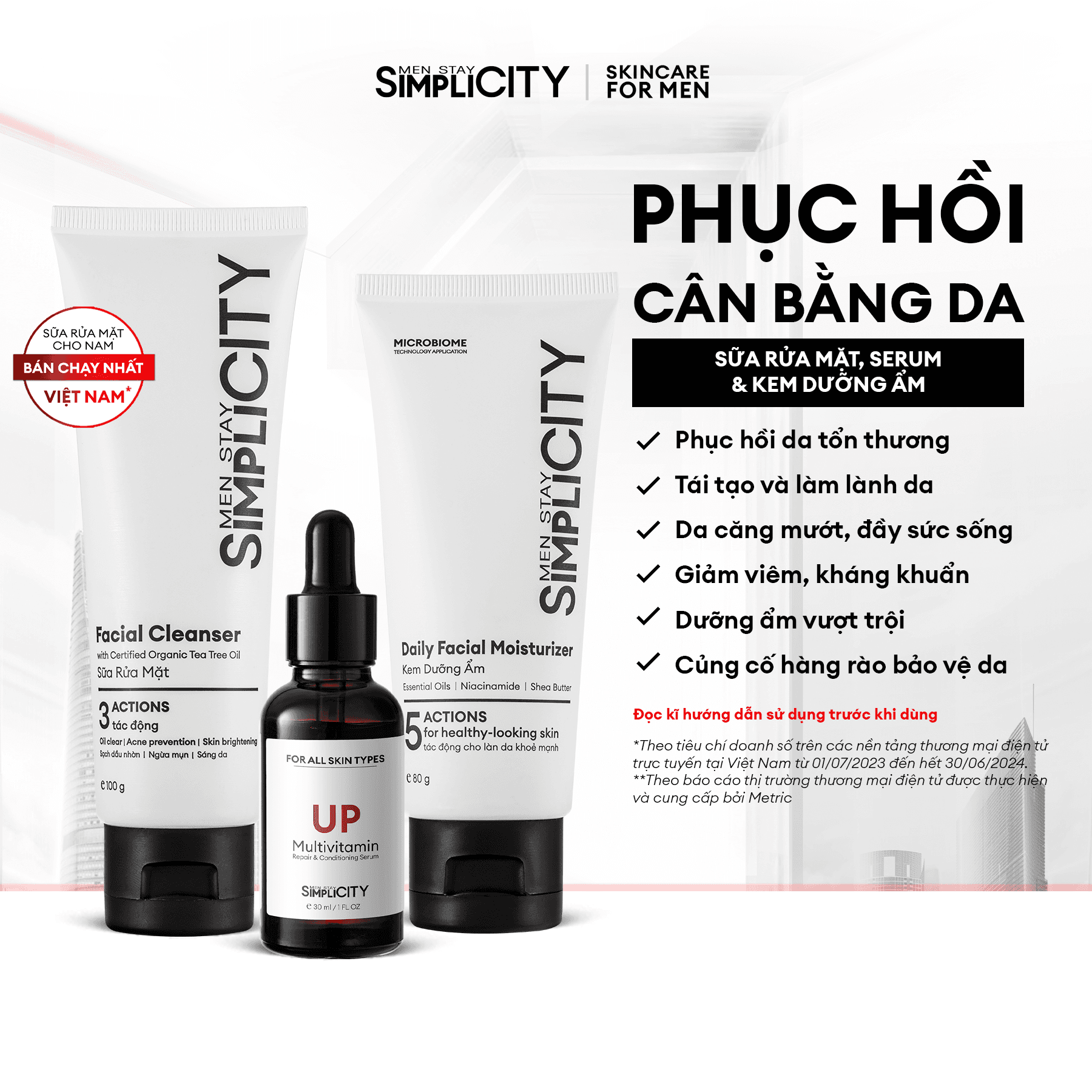Bộ sản phẩm chăm sóc Men Stay Simplicity phục hồi & cân bằng da cho nam Recovery Trio 01 Sữa rửa mặt 100g x Seurm 30ml x Kem dưỡng ẩm 80g