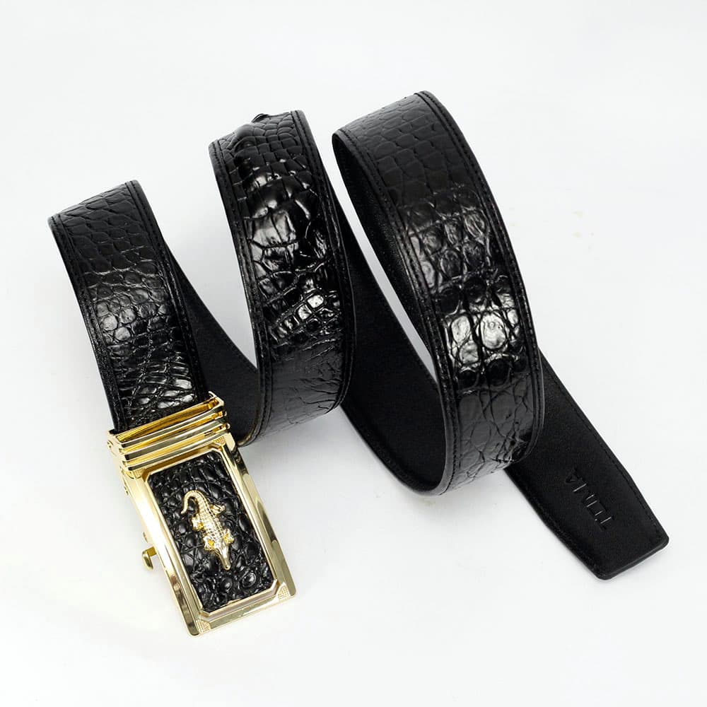 Thắt Lưng Nam Da Cá Sấu Thật KEM Leather HÀNG CAO CẤP Dây Nịt Da Cá Sấu Thật Dây Liền Nguyên Con Phần Da Bụng Trơn Màu Đen Cao Cấp KEMTL01 Bảo Hành Chính Hãng 24 Tháng - Thắt Lưng Cá Sấu Đen  Khoá Vàng