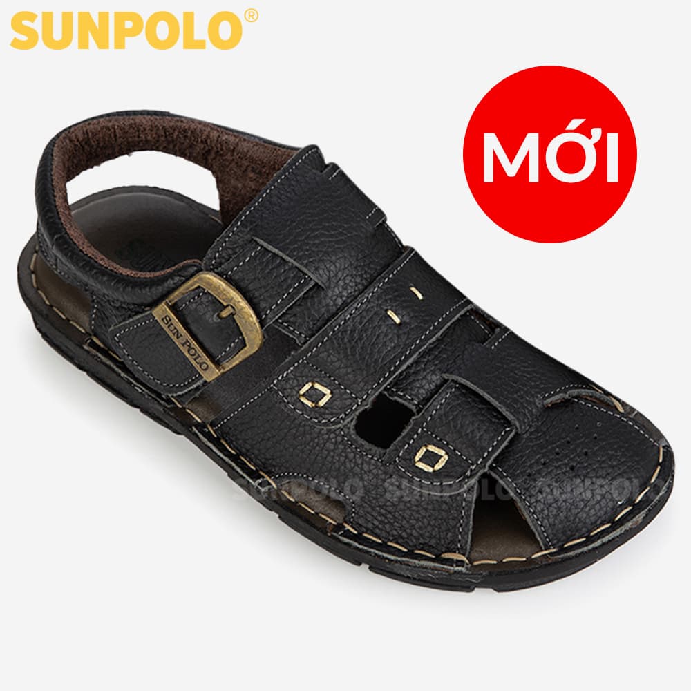 Xăng Đan Bít Mũi, Giày Sandal Nam Quai Ngang Da Bò Cao Cấp SUNPOLO SDA020 Đen - 41