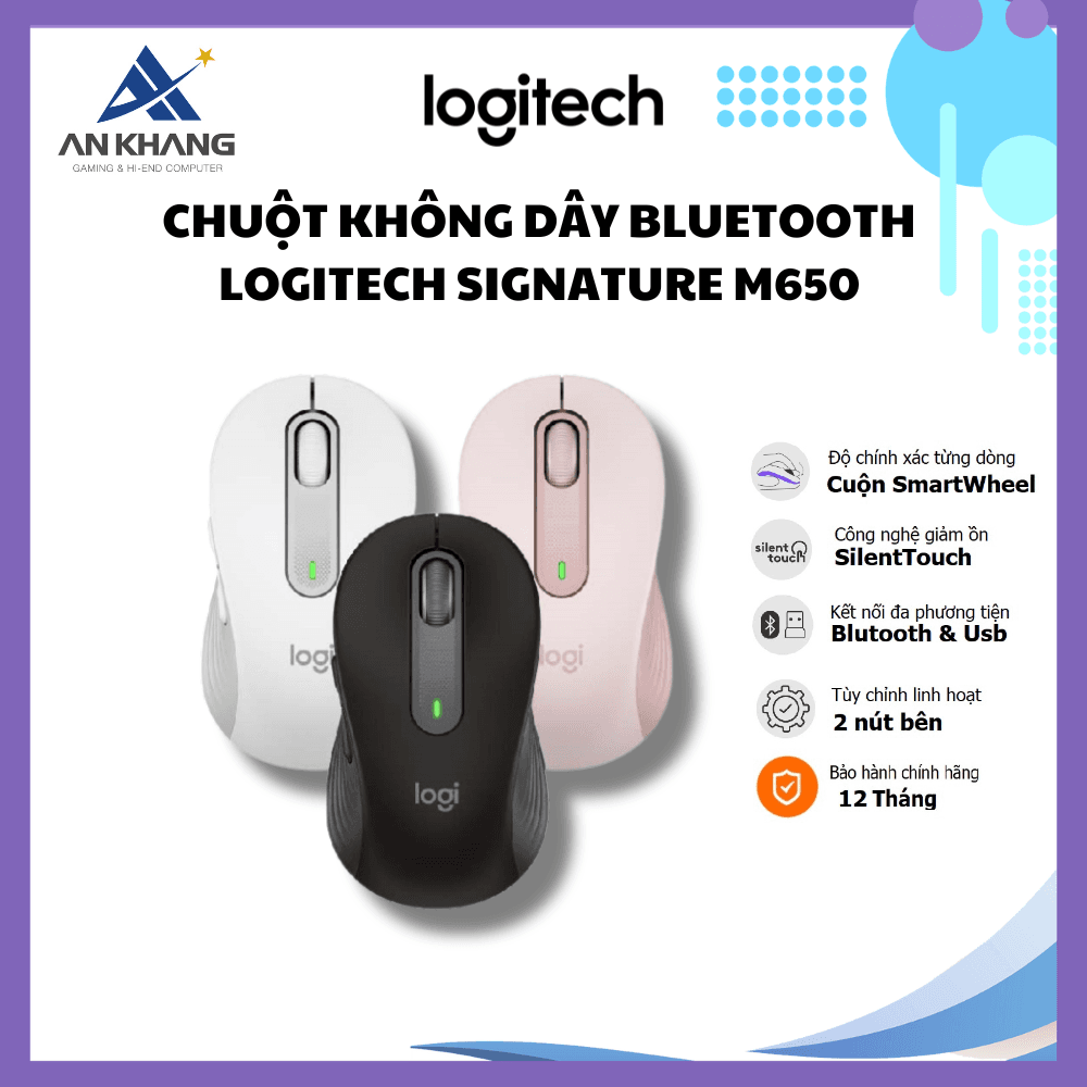 Chuột không dây bluetooth Logitech Signature M650 - Dành cho tay có kích cỡ từ nhỏ tới trung bình, Cuộn SmartWheel, giảm ồn, các nút bên có thể tùy chỉnh - Hàng chính hãng - Màu Đen - Size L