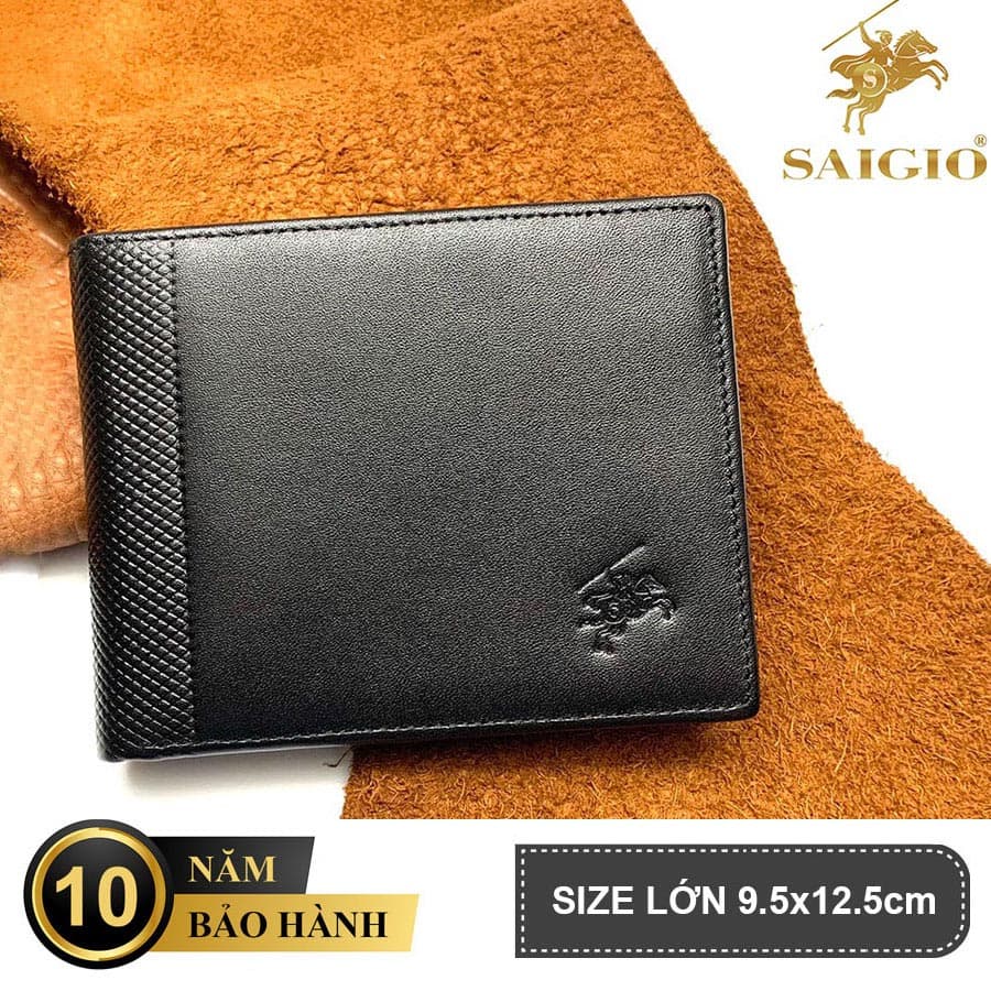 Ví Nam Cao Cấp, Da Bò NAPA Láng Mịn In Caro, Mỏng Nhẹ, Size Lớn, Thiết Kế Đơn Giản - Sang Trọng, Dáng Ngang - Gập 2, Ngăn Đựng Tiền Có Khóa Kéo, Nhiều Ngăn Để Giấy Tờ Tiện Dụng - Hàng Chính Hãng SAIGIO - Đen