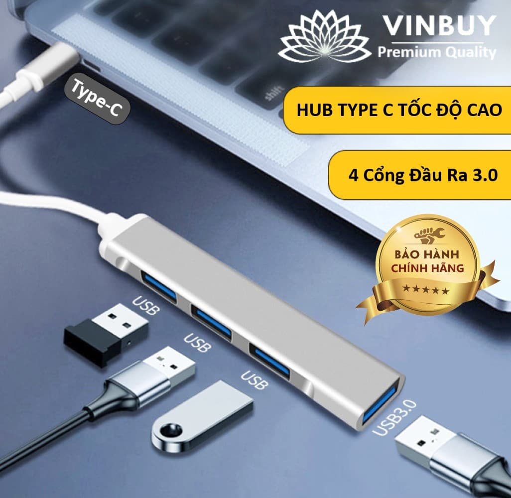 HUB TYPE C Và HUB USB 3.0 Tốc Độ Cao Chia 4 Cổng VinBuy, HUB Chuyển Đổi Dành Cho Macbook Pro Laptop PC Hỗ Trợ Sạc Pin Kết Nối Đa Năng Ổ Cứng Bàn Phím Chuột Máy In, Thiết Bị Ổ Chia USB - Hàng Chính Hãng - ĐẦU CẮM TYPE C - Bạc