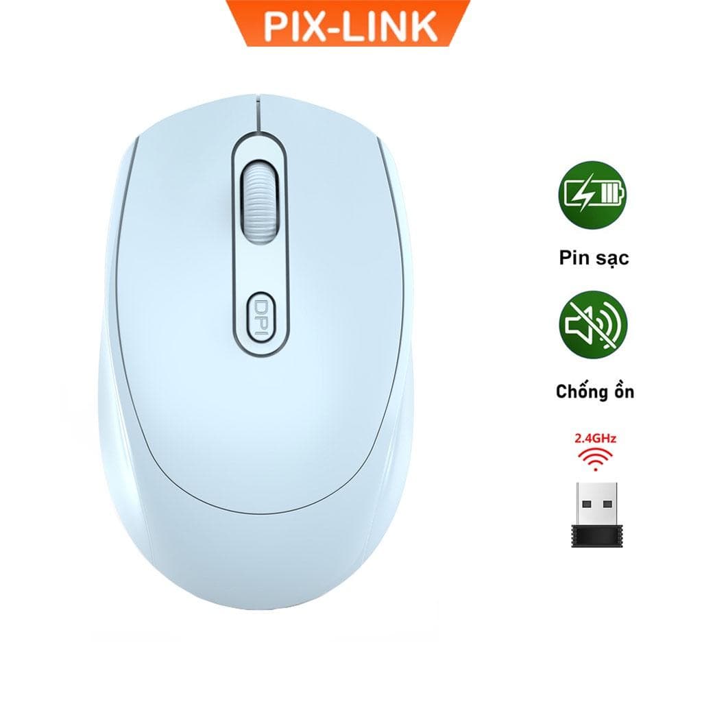 Chuột Không Dây PIX-LINK P100 Wireless 2.4Ghz Sạc Pin, Chống Ồn, DPI1600 Dùng Cho Máy Tính, Laptop, Tivi-Hàng Chính Hãng - Xanh Ngọc