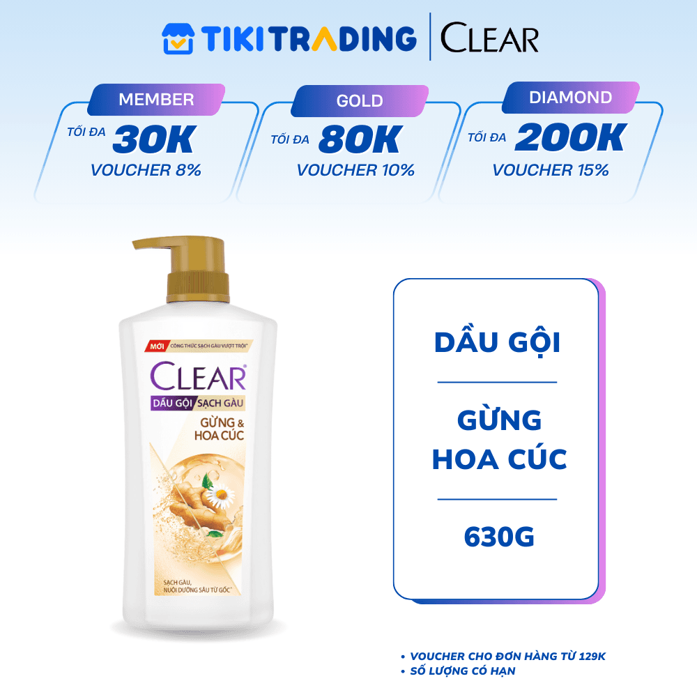 Dầu Gội Clear Thảo Dược Nuôi Dưỡng Da Đầu Từ Gốc, Sạch Gàu Và Giảm Gãy Rụng 630g - Gừng & Hoa Cúc