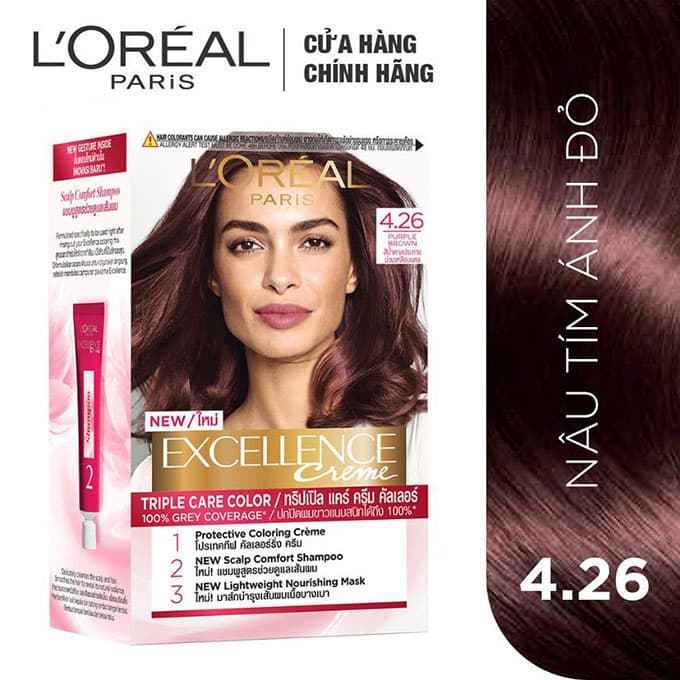 Kem Nhuộm Dưỡng Tóc Phủ Bạc LOreal Paris Excellence Crème 172ml - 4.26 Nâu Tím Ánh Đỏ