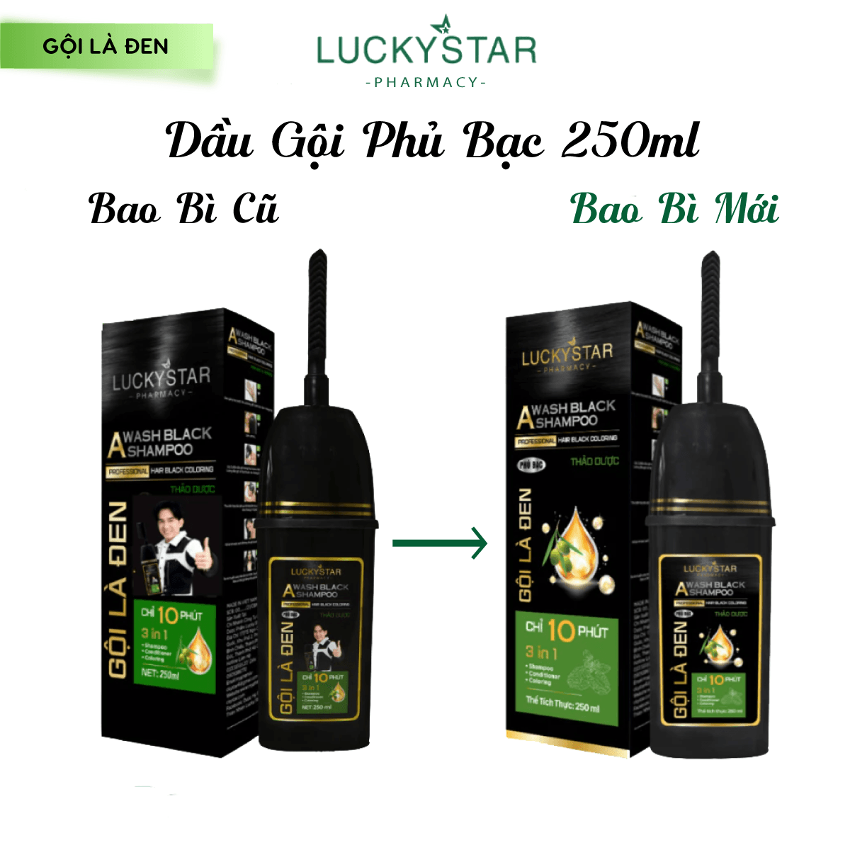 Dầu gội phủ bạc thảo dược cao cấp. Gội là đen LUCKY STAR chiết xuất nhân sâm và thảo mộc tự nhiên. Dầu gội nhuộm tóc giúp tóc đen tự nhiên, khỏe mạnh. Dầu gội đen tóc trong 10 phút ngay tại nhà, phiên bản mới có lược - Chai Gội là Đen 250ml