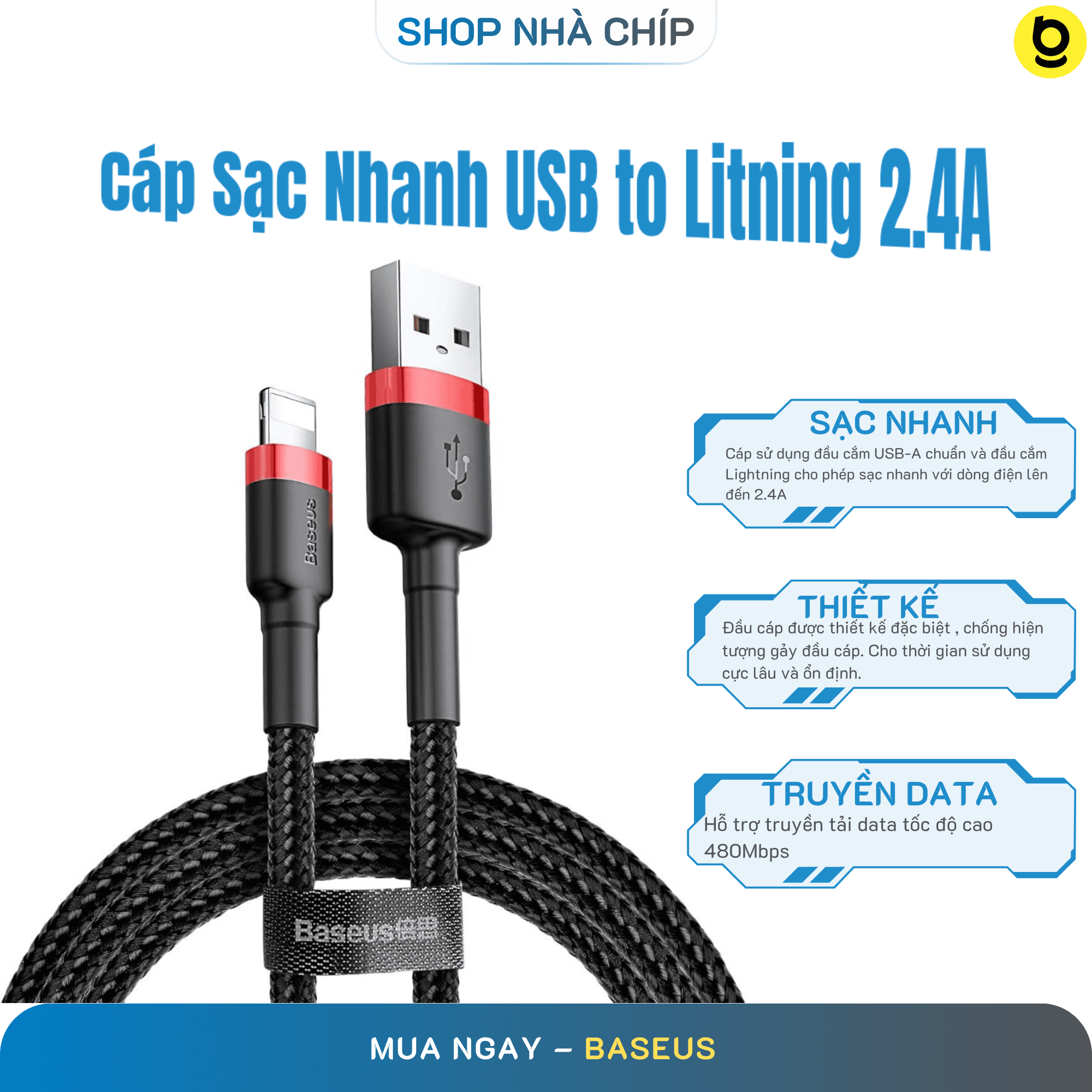 Cap sac nhanh 2.4A Baseus Cafule dây bên chông gâp đông bô data nhanh chong danh cho iPhone dai 100CM  nhiêu mau  - Hang chinh hang - Đen đỏ