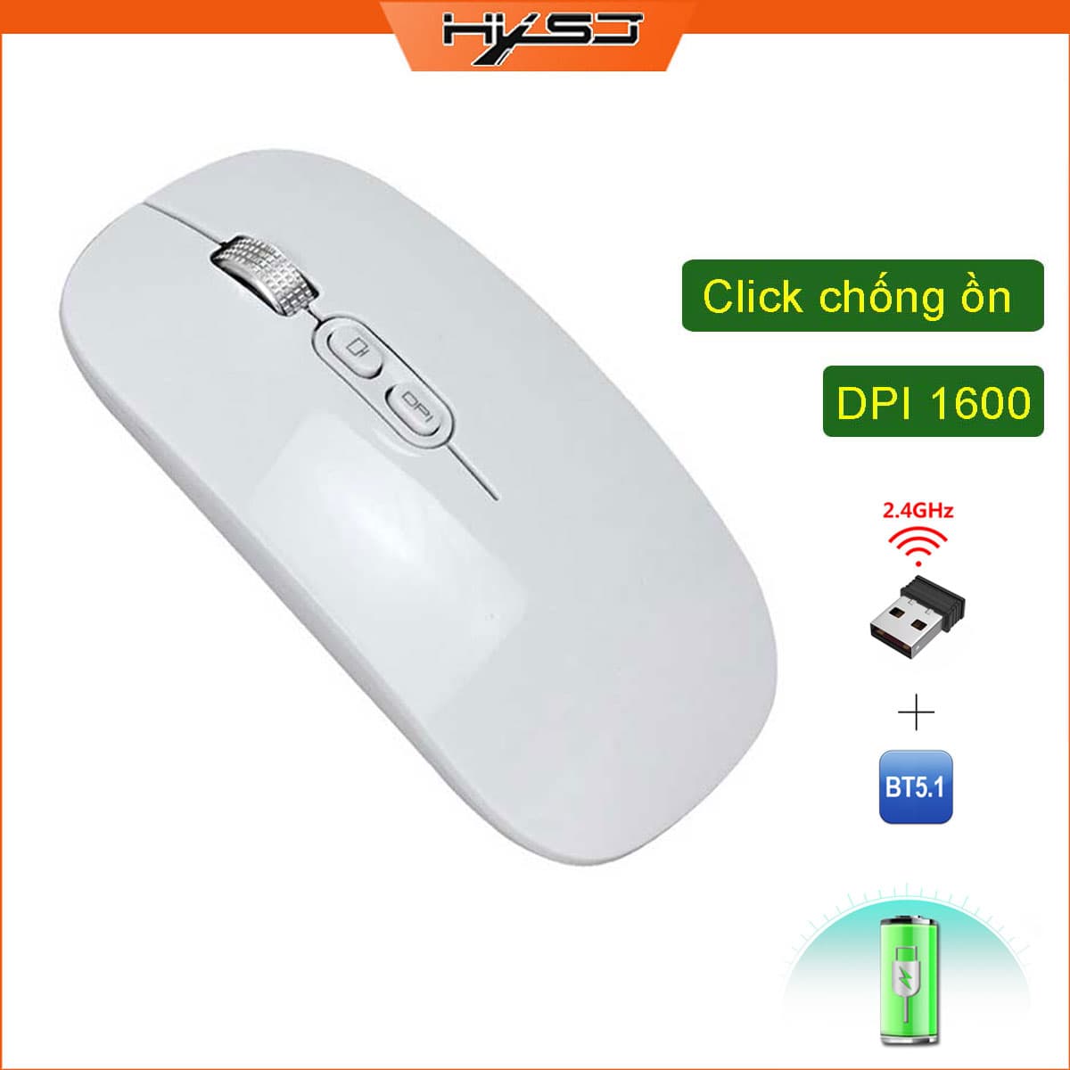 Chuột không dây HXSJ M103B wireless Bluetooth tự sạc pin siêu mỏng không gây tiếng ồn chuyên dùng cho Máy tính, pc, Laptop, Tivi  - Hàng chính hãng - Trắng