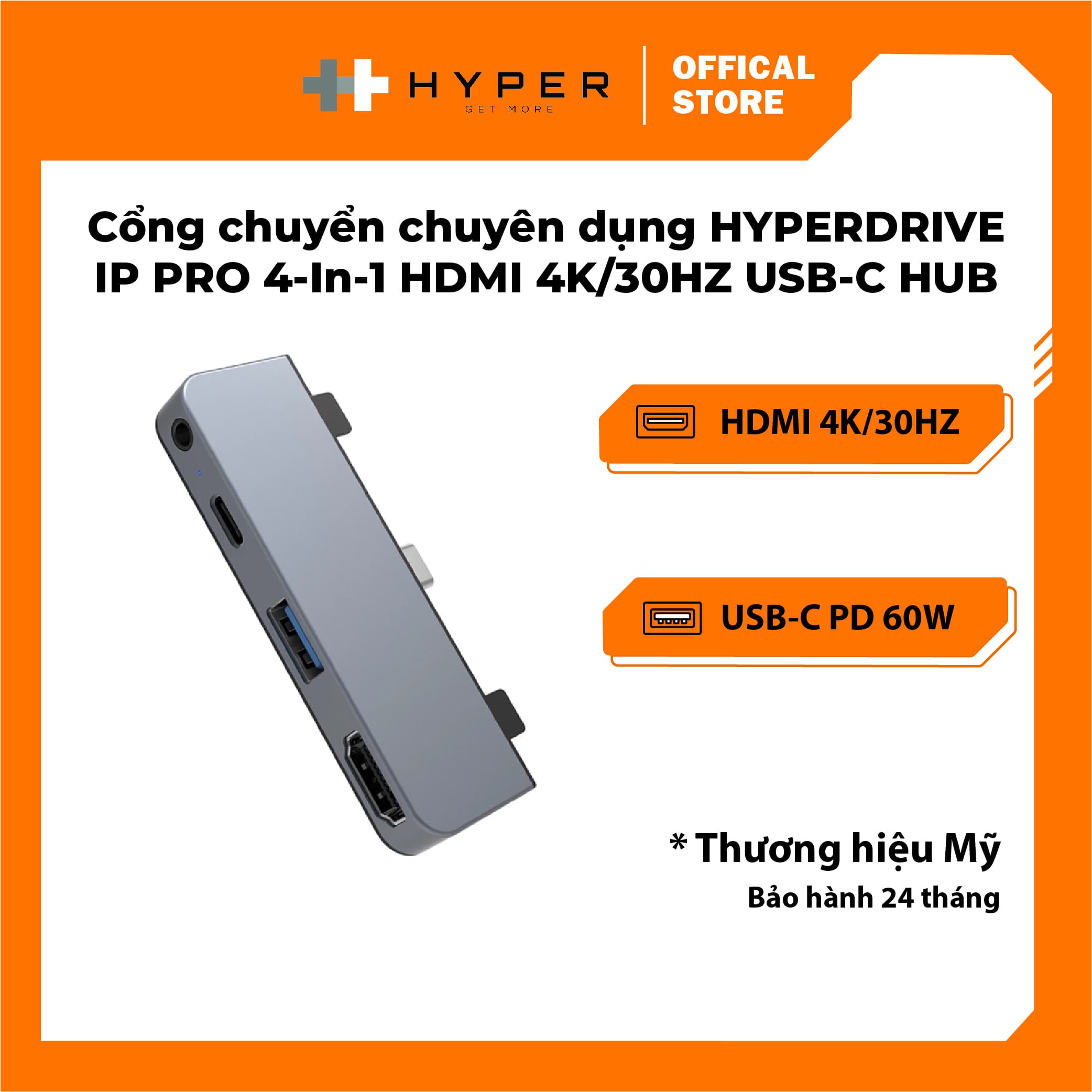 CỔNG CHUYỂN CHUYÊN DỤNG HYPERDRIVE CHO IPAD PROMACBOOKSURFACE 4 IN 1 HDMI 4K30HZ USB-C HUB  HD319E - hàng chính hãng - gray