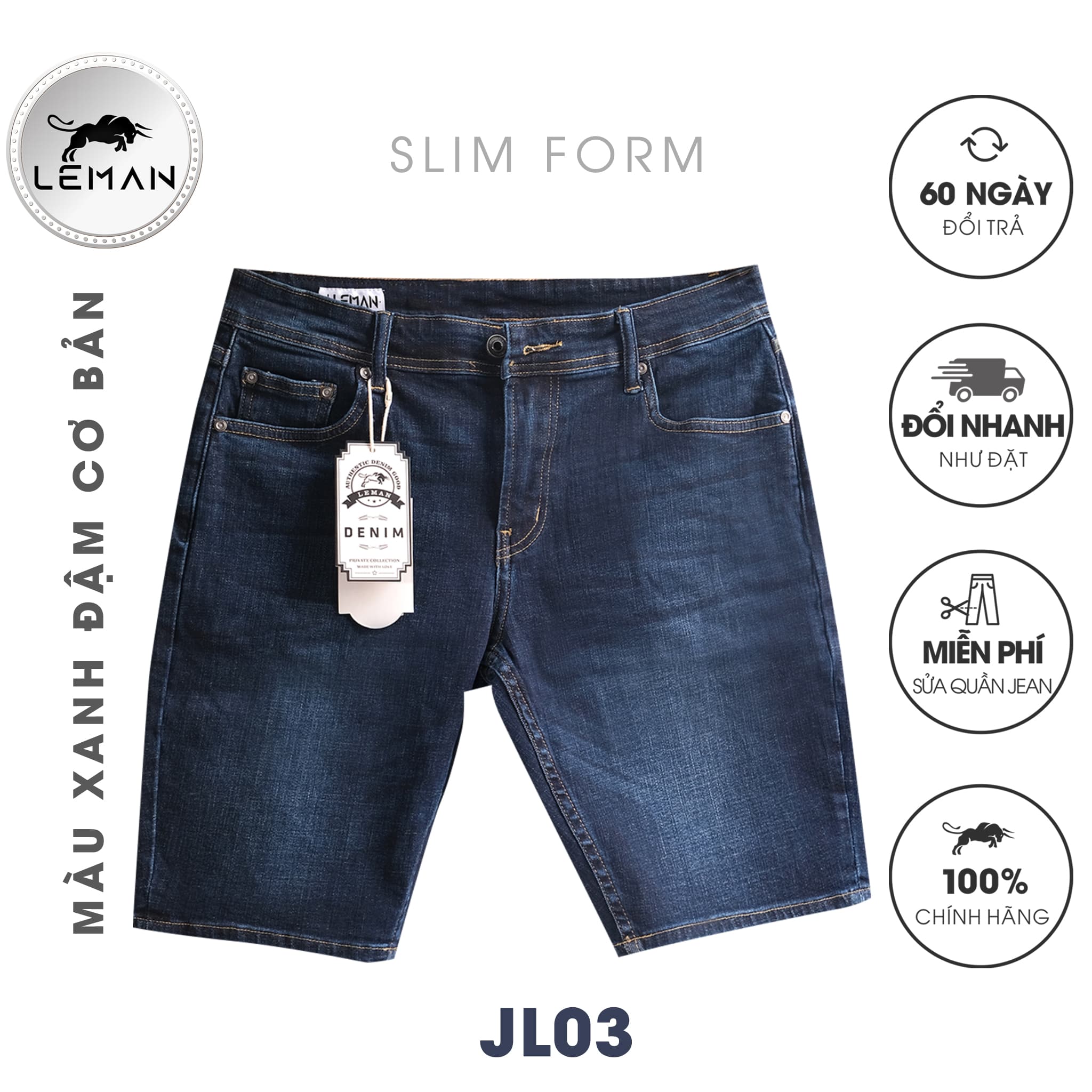 Quần Short Jean nam Leman xanh trơn JL03 - Slim Form - Xanh jean - 32