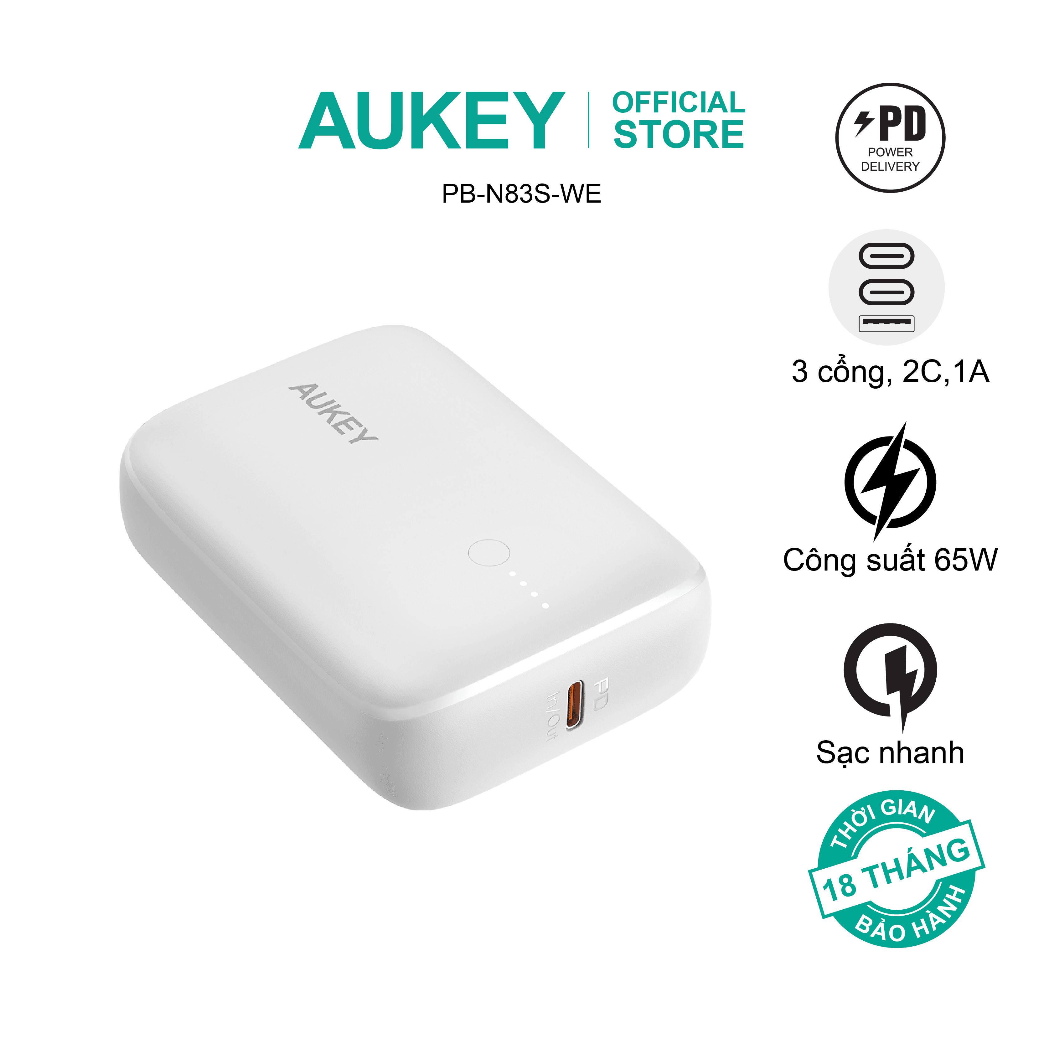 Pin sạc dự phòng Aukey PB-N83S 20W PD 10.000mAh, hàng chính hãng - Màu Trắng
