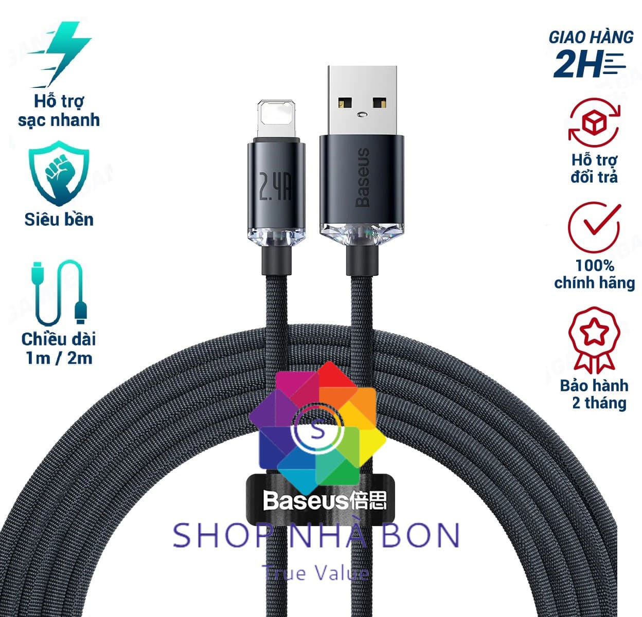 Cáp sạc nhanh, truyền dữ liệu tốc độ cao siêu bền Baseus Crystal Shine Series Fast Charging Data Cable IP 2.4A - Hàng chính hãng - 2 mét