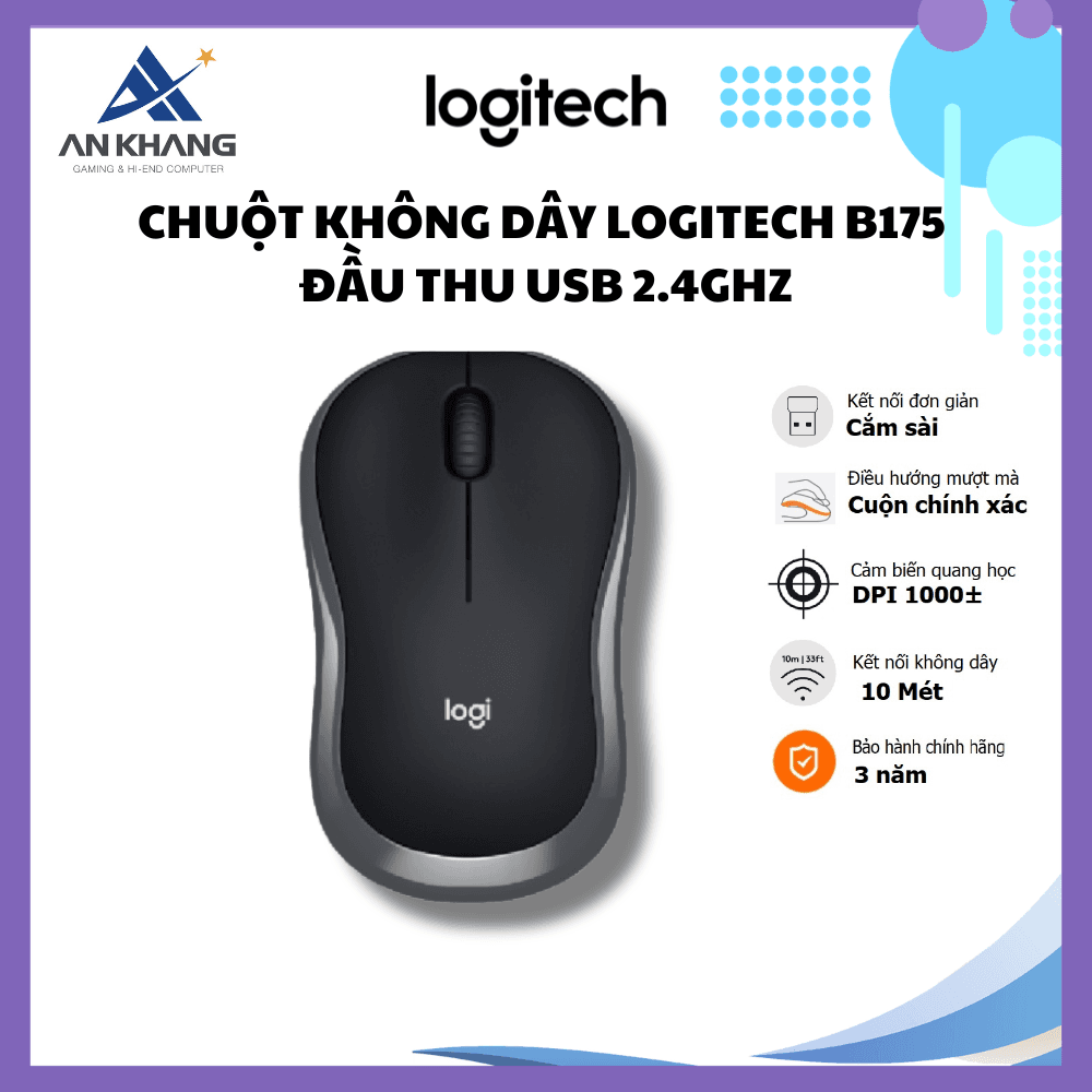 Chuột không dây Logitech B175 - đầu thu USB 2.4Ghz, pin 1 năm, nhỏ gọn, thiết kế thuận cả 2 tay, phù hợp PCLaptop - Hàng chính hãng