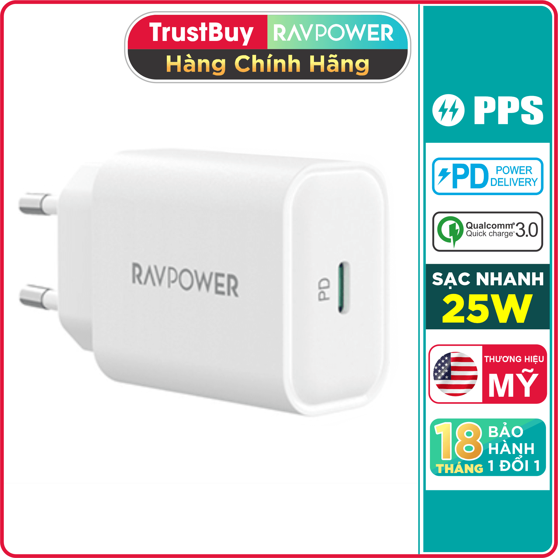 Adapter Củ Sạc Nhanh Đến 25W Type C PPS PD 3.0 QC 3.0 RAVPower RP-PC156 Dành Cho Điện Thoại Samsung, iPhone, iPad - Hàng Chính Hãng - Màu Trắng