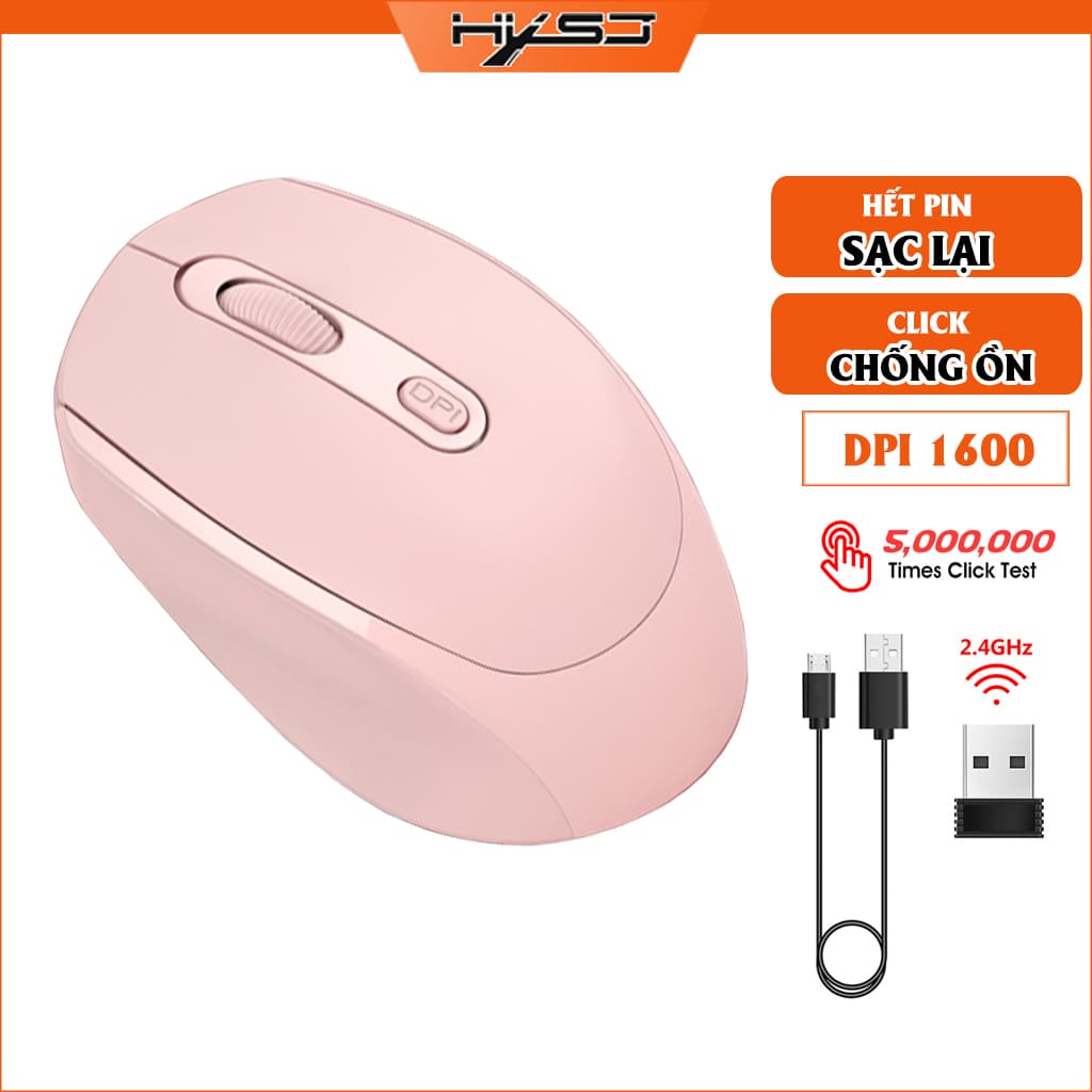 Chuột không dây HXSJ M100 wireless 2.4Ghz  sạc pin, chồng ồn, DIP1600 chuyên dùng cho máy tính, laptop, tivi - Hàng chính hãng - hồng