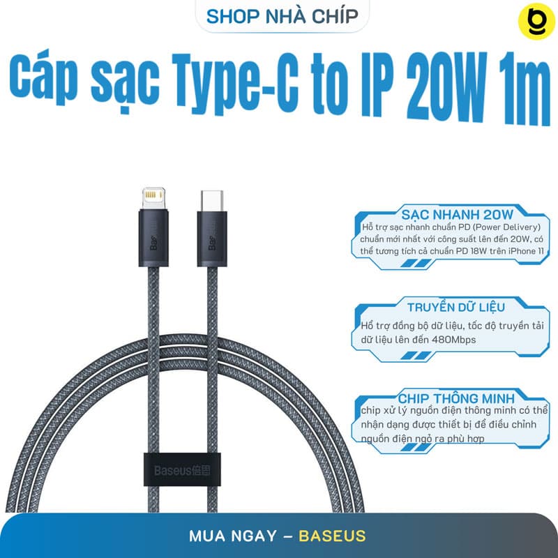 Cáp sạc nhanh Baseus Dynamic Series Type C to IP PD 20W dùng cho iPhoniPa siêu bền - Hàng chính hãng