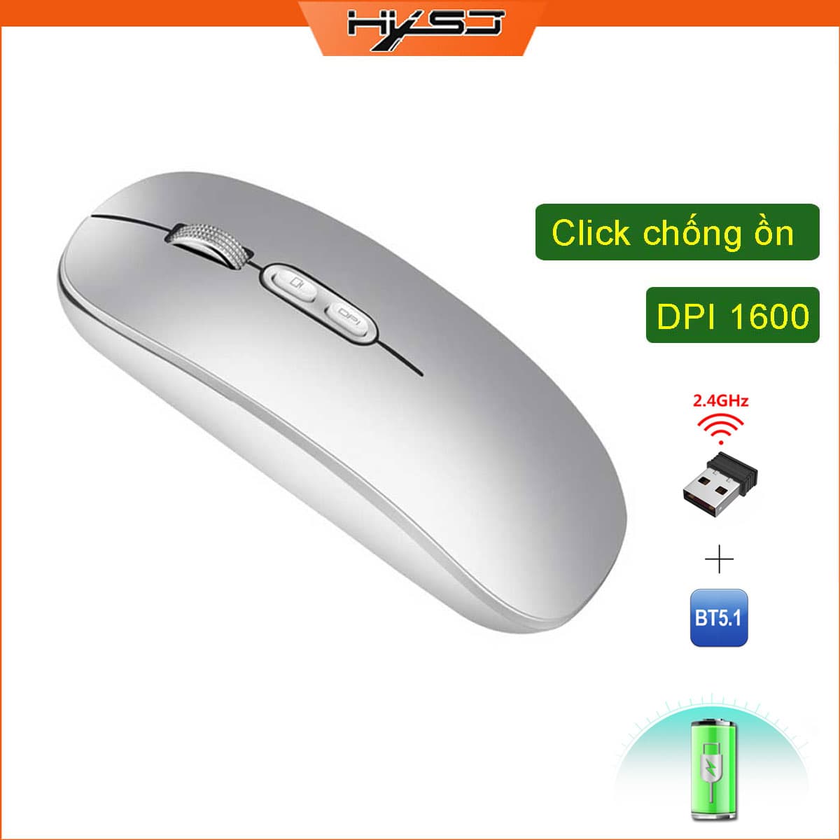 Chuột không dây HXSJ M103B wireless Bluetooth tự sạc pin siêu mỏng không gây tiếng ồn chuyên dùng cho Máy tính, pc, Laptop, Tivi  - Hàng chính hãng - Bạc