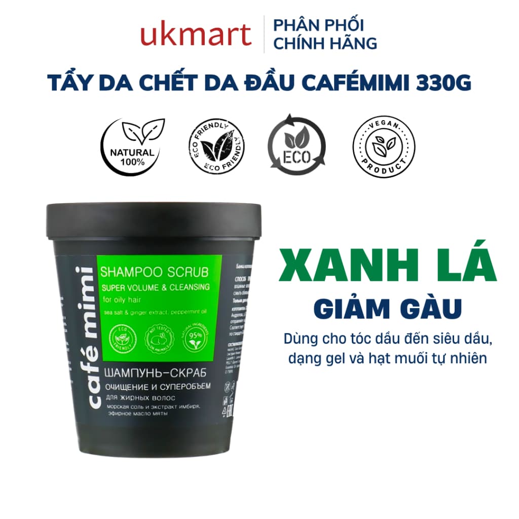 Dầu Gội Tẩy Tế Bào Chết Da Đầu Cafe Mimi Shampoo Scrub 330g Làm Sạch Sâu, Làm Phồng Chân Tóc, Hỗ Trợ Mọc Tóc - Xanh Lá Super Volume