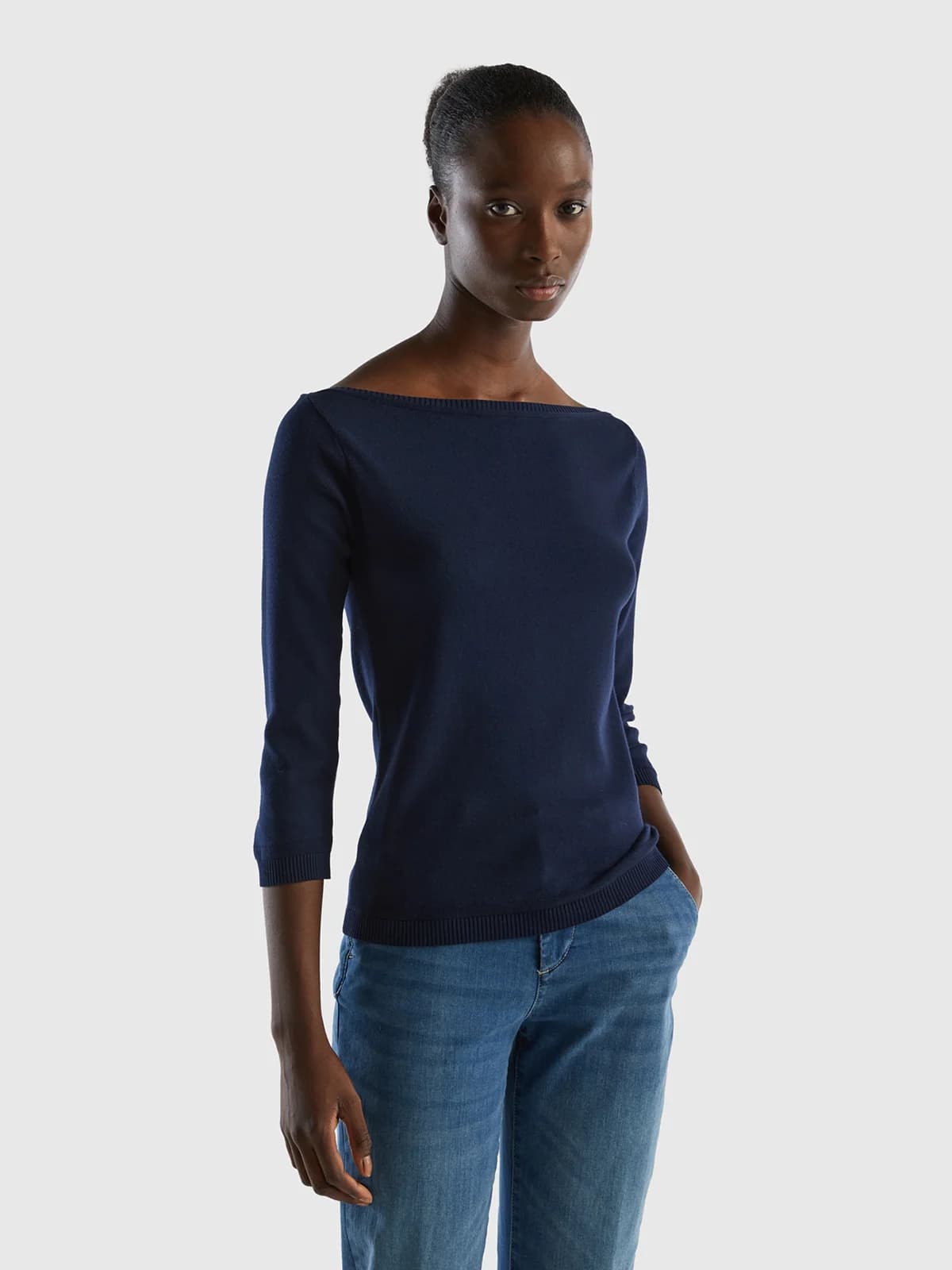 United Colors of Benetton - Áo Len Nữ Tay Dài 100% Cotton Boat Neck Sweater - DARK BLUE