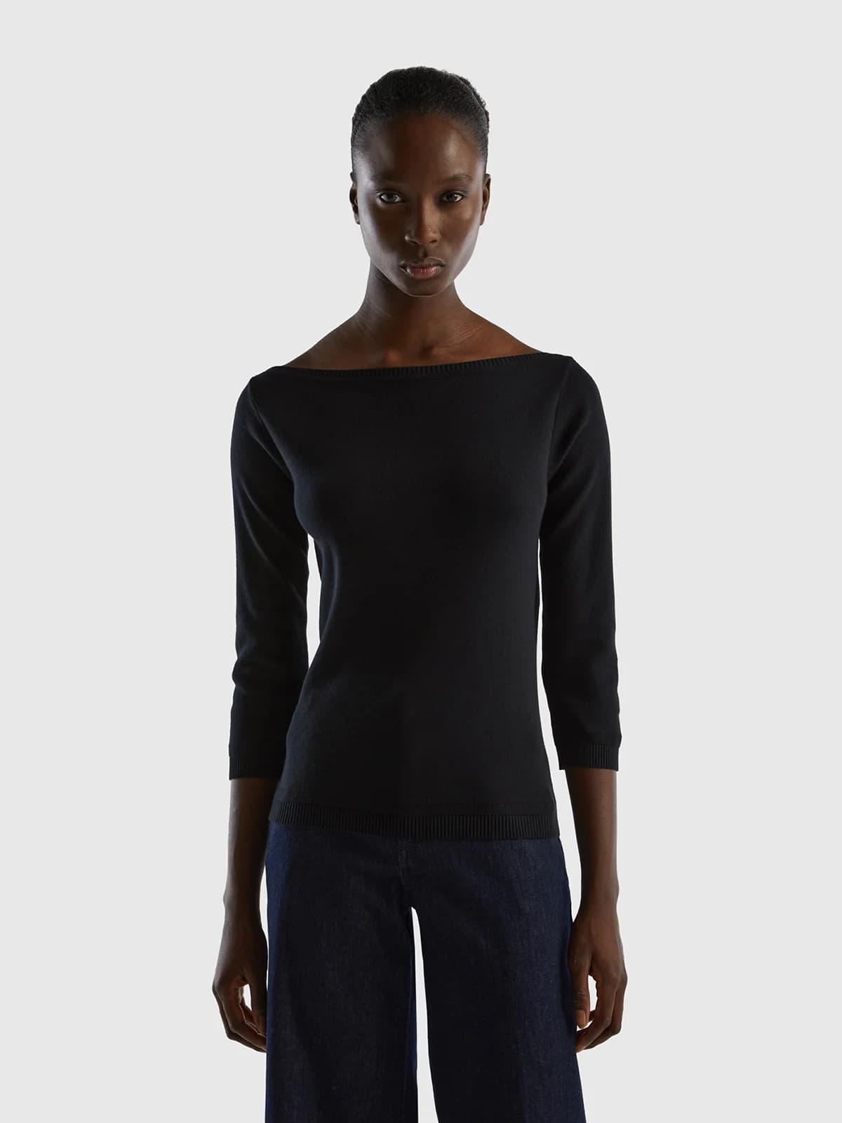 United Colors of Benetton - Áo Len Nữ Tay Dài 100% Cotton Boat Neck Sweater - Black