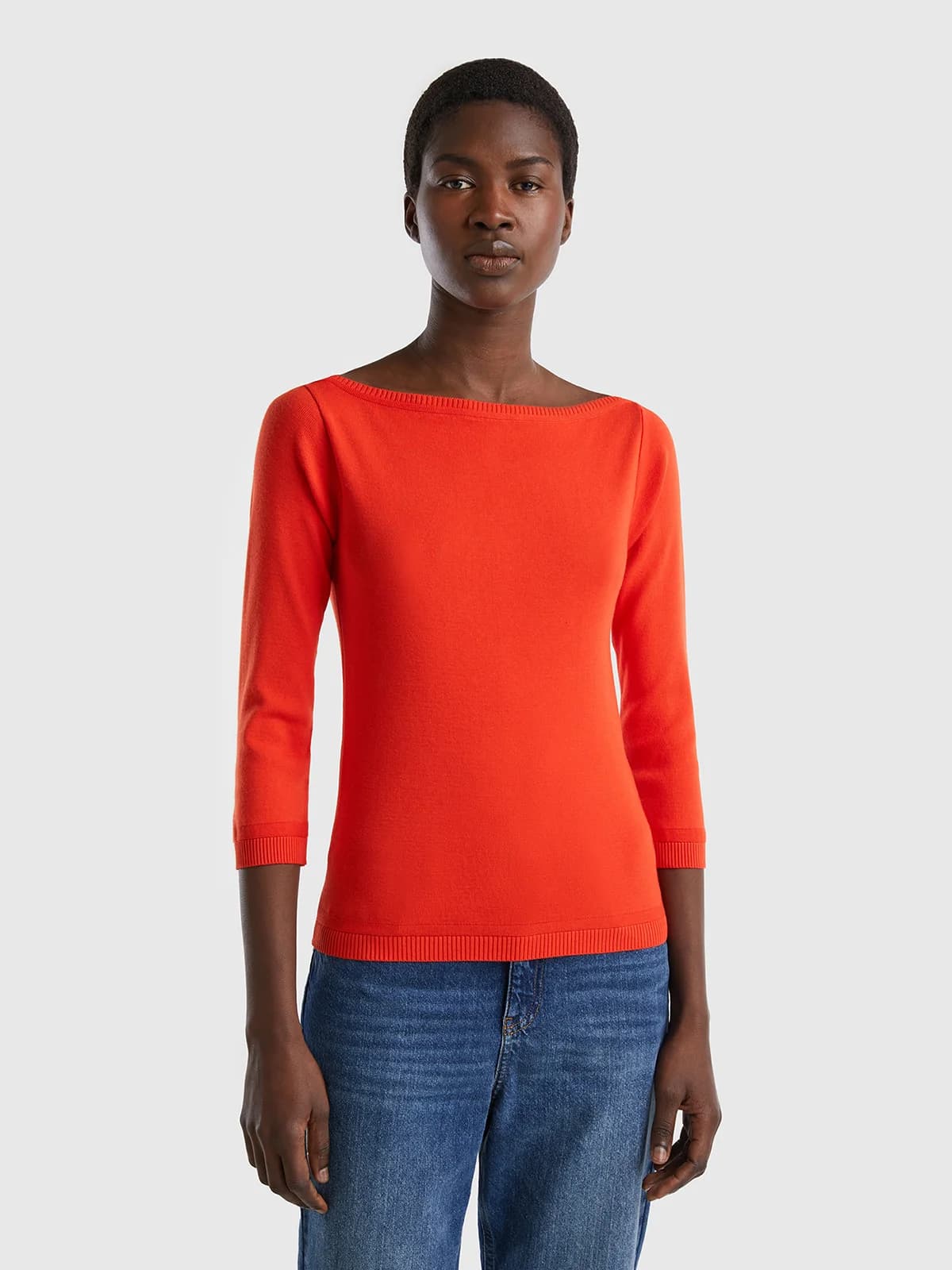 United Colors of Benetton - Áo Len Nữ Tay Dài 100% Cotton Boat Neck Sweater - RED