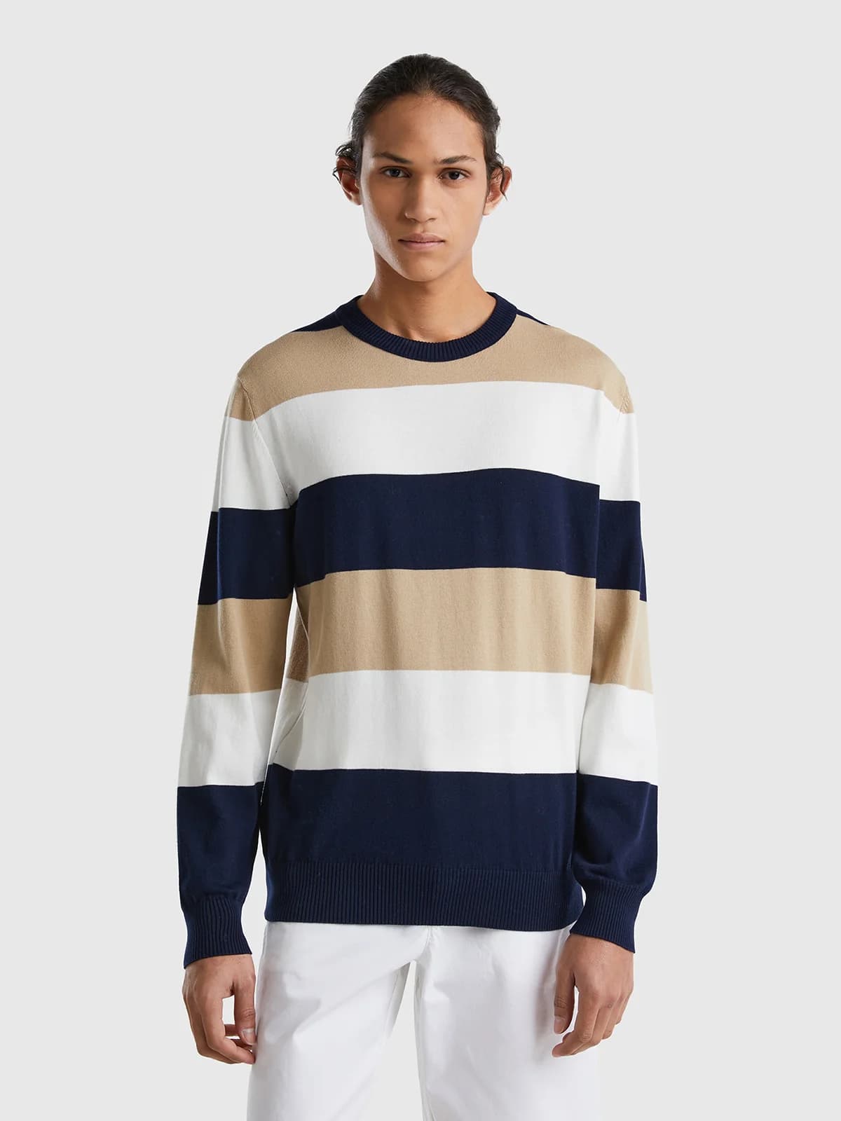 United Colors of Benetton - Áo Len Nam Tay Dài Striped 100% Cotton Sweater - DARK BLUE