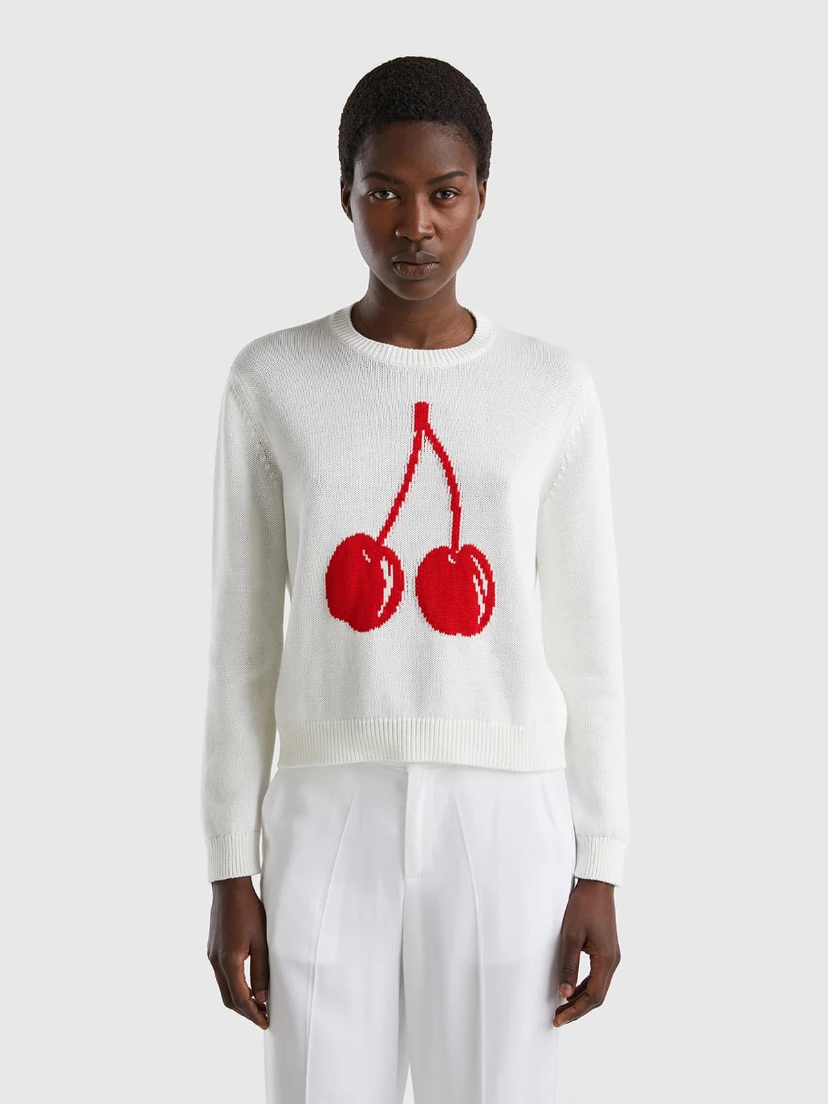 United Colors of Benetton - Áo Len Nữ Tay Dài Sweater With Fruit Inlay - WHITE
