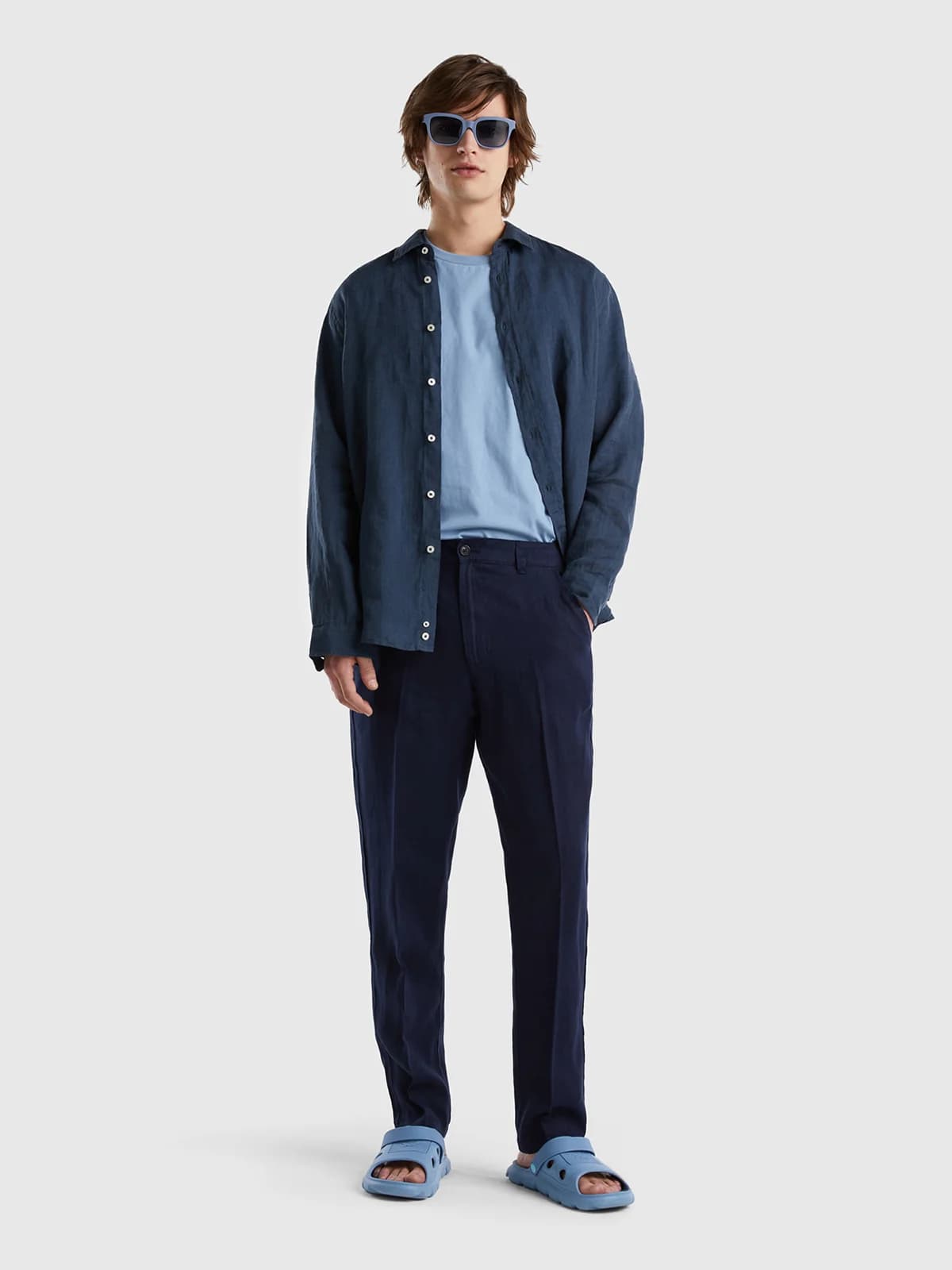United Colors of Benetton - Quần Khaki Nam Dài Chinos In Pure Linen - DARK BLUE