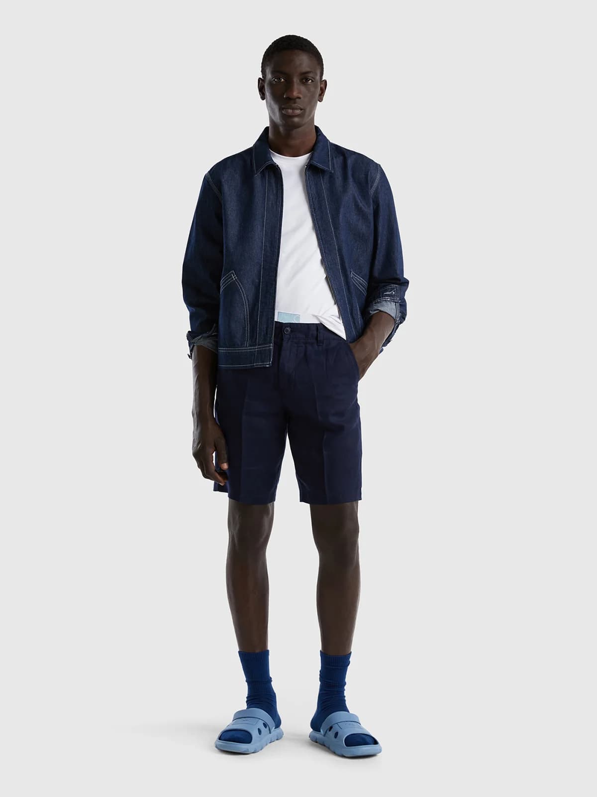 United Colors of Benetton - Quần Khaki Nam Ngắn Bermudas In Pure Linen - DARK BLUE