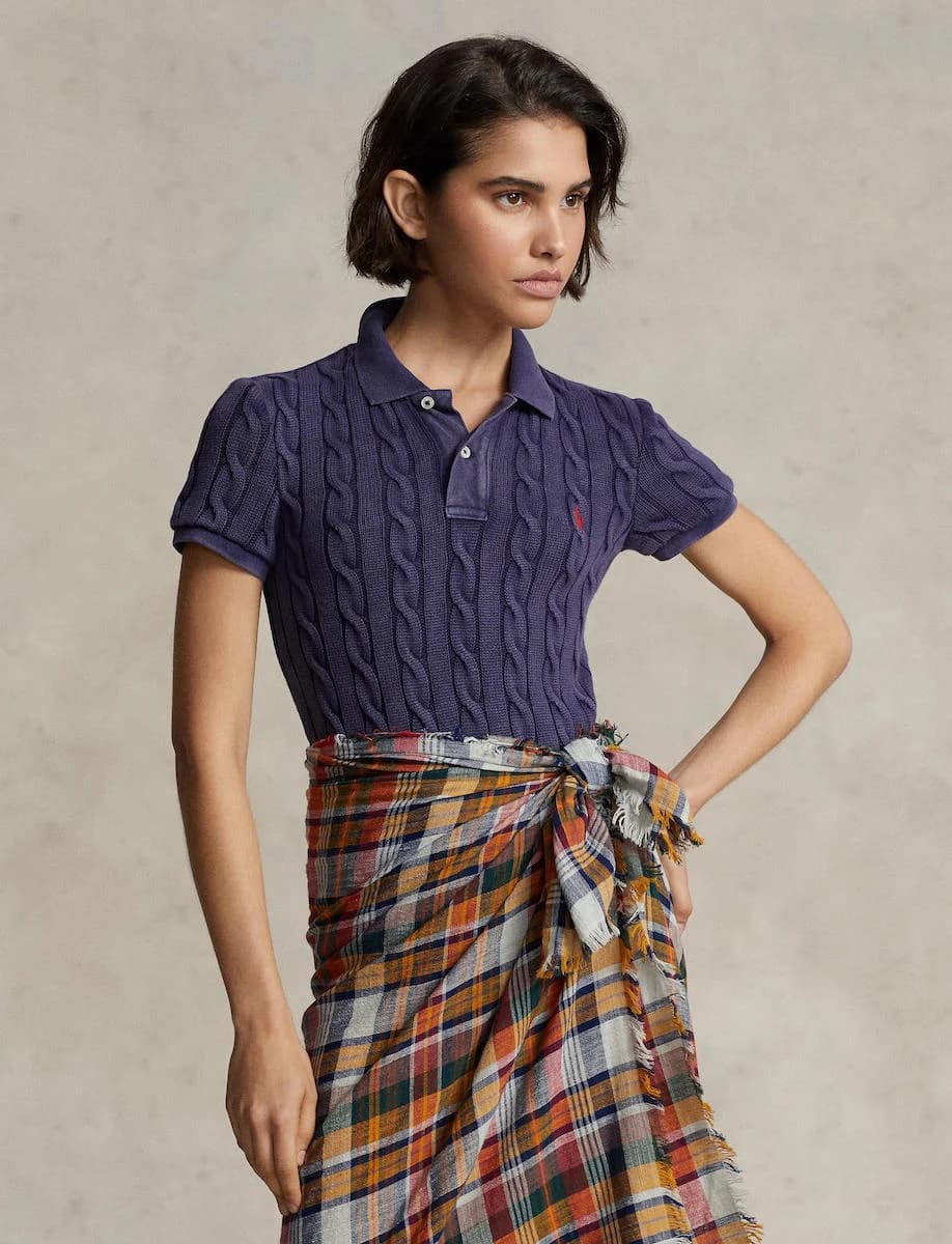 Polo Ralph Lauren - Áo Polo Nữ Tay Ngắn Slim Fit Cable-Knit Polo Shirt - NAVY-410