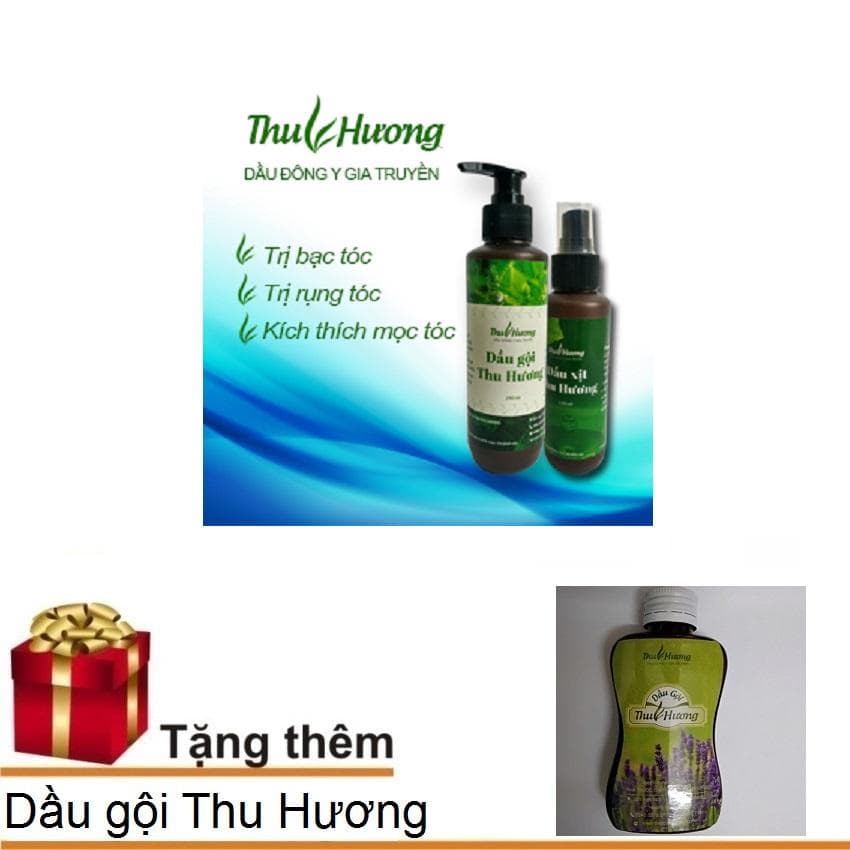 Dầu gội đặc trị rụng tóc trị bạc tóc kích thích mọc tóc Thu Hương - Combo 1 dầu gội 250ml 1 dầu xịt 150ml - Tặng kèm tinh dầu trị hôi nách hôi chân Thu Hương