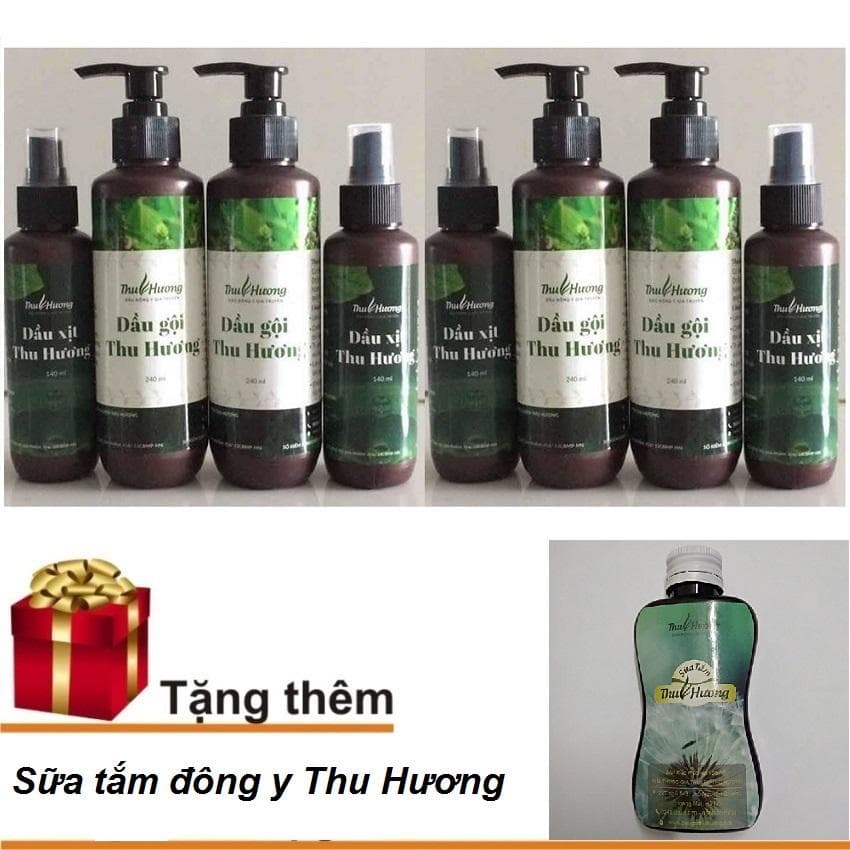 Dầu gội đặc trị rụng tóc trị bạc tóc kích thích mọc tóc Thu Hương - Combo 4 dầu gội 250ml 4 dầu xịt 150ml - Tặng kèm tinh dầu trị hôi nách hôi chân Thu Hương