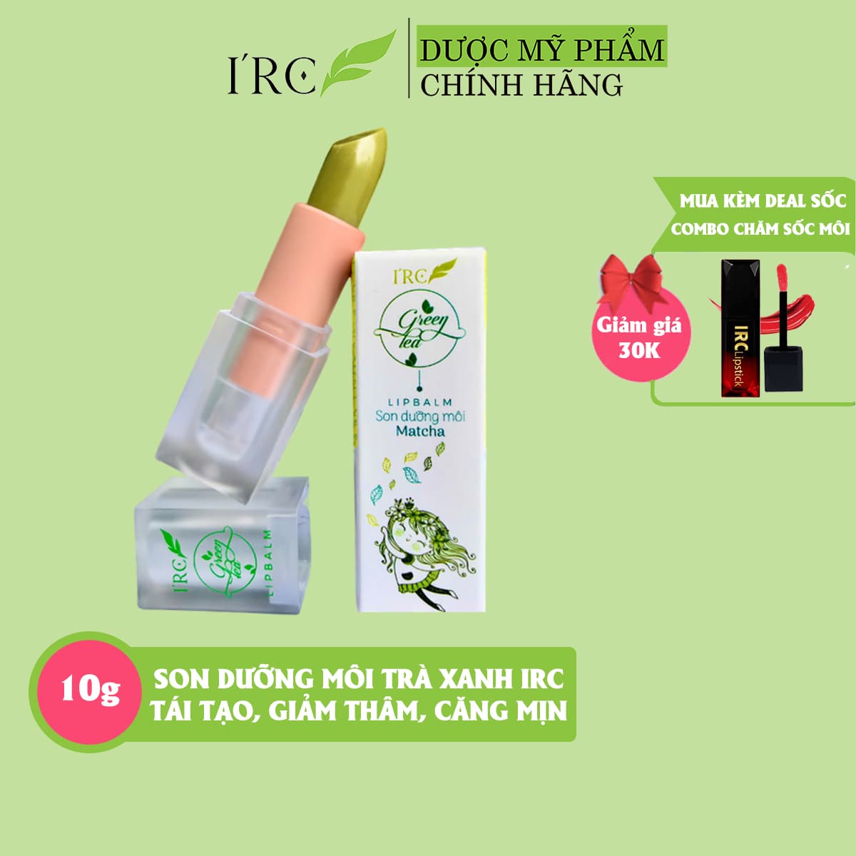 Son dưỡng môi IRC LIPBALM Trà Xanh ăn được tái tạo căng mịn giảm nứt nẻ giảm thâm và làm hồng môi tự nhiên 10g