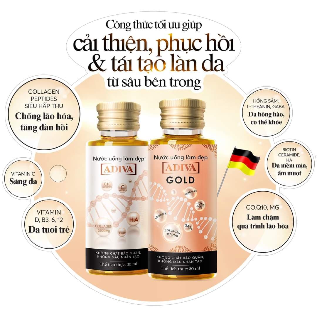 💦HÀNG MỚI VỀ💦 Dưỡng Da - Nước Uống Đẹp Da ADIVA GOL Từ Collagen Ngừa Khô Sạm Ngừa Nếp Nhăn Đẹp Da Căng Bóng Mềm Mướt Mịn Màng - Hộp 14 Lọ