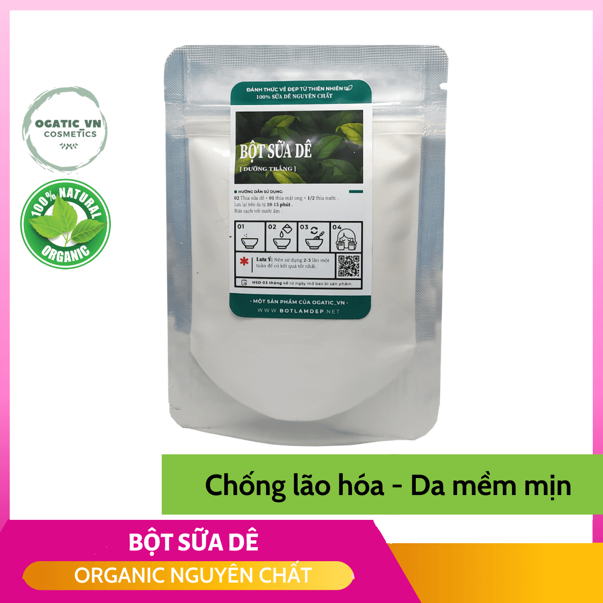 [HCM]Bột sữa dê nguyên chất 100% Organic Dưỡng  Da Trắng Hồng 100Gr - B1.010