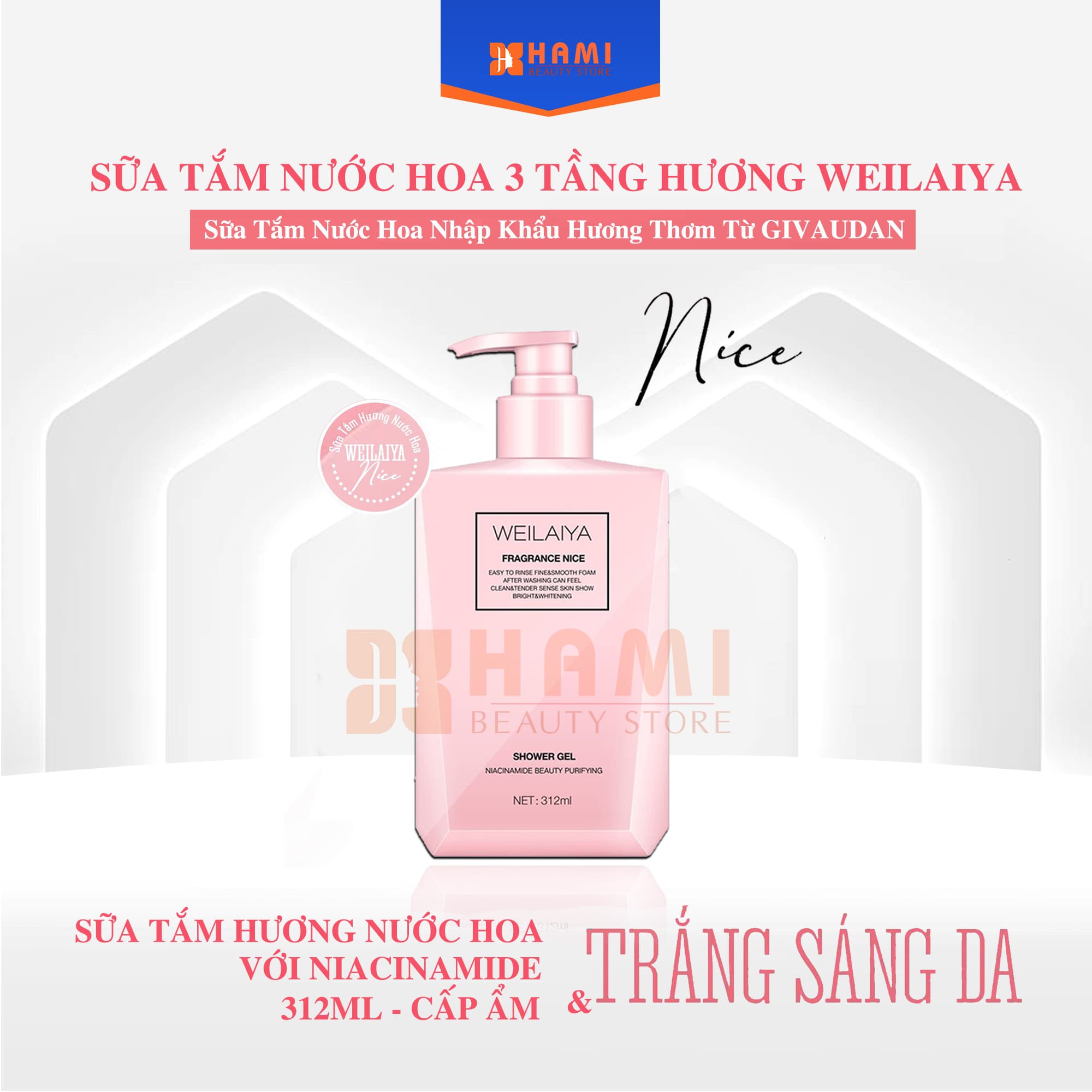 Sữa tắm trắng da hương nước hoa Weilaiya hồng Fragrance Nice 312ml - Mua 1 tặng 1