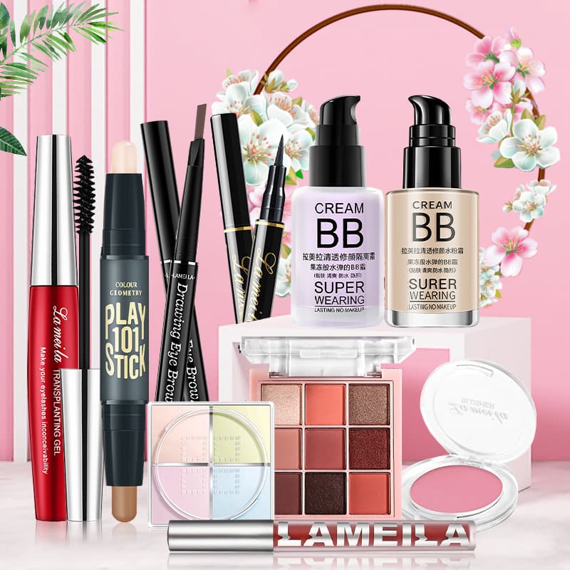 [HCM]【Urbeauty Mall】Bộ trang điểm cá nhân LAMEILA 10 món tiện lợi Kem BB che khuyết điểm（kem nền） +sự cách ly kem lót+ Phấn phủ kiềm dầu+Phấn bảng mắt +Mascara+Chì kẻ mày +Bút dạ kẻ mắt+phấn má+Bút tạo khối+son lì