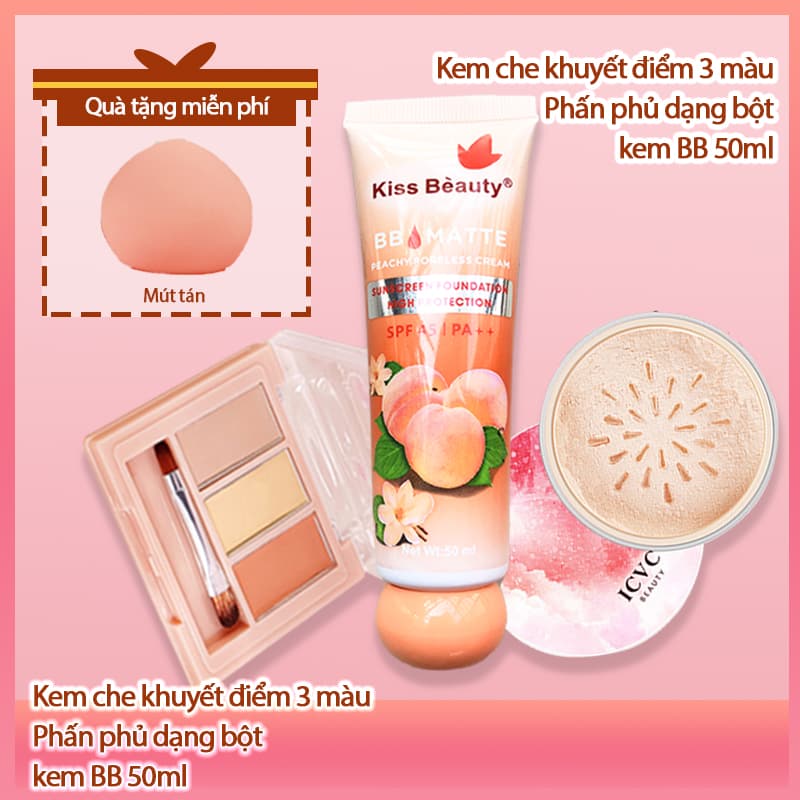 [HCM][Peachy Sis] Kem che khuyết điểm Trang điểm 3 miếng - Kem che khuyết điểm 3 màukem BB 50MLPhấn phủ dạng bột 【Quà tặng miễn phí:Mút tán】