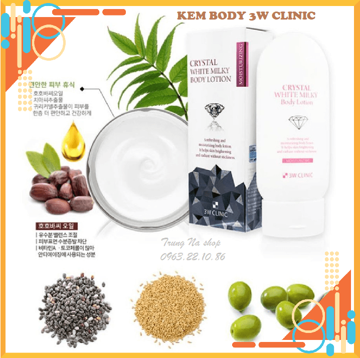 Kem dưỡng trắng da - Kem dưỡng da Body Crystal White Milk Lotion 3W Clinic 200ml [Chính Hãng Hàn Quốc]