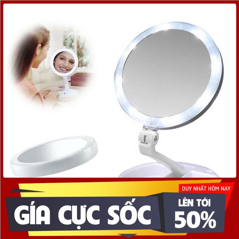 Gương trang điểm để bàn phấn có đèn led sạc kính tròn makeup phóng đại lật 2 mặt xoay 360 độ mini gấp gọn [XẢ KHO ĐỢT CUỐI]