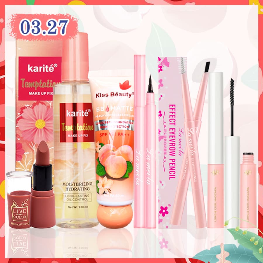 [Peachy Sis] Trọn bộ trang điểm 6 món sành điệu nhìn là mê (kem BB+Kẻ mắt+Chì kẻ mày+mascara+Son môi+Xịt dưỡng trang điểm)