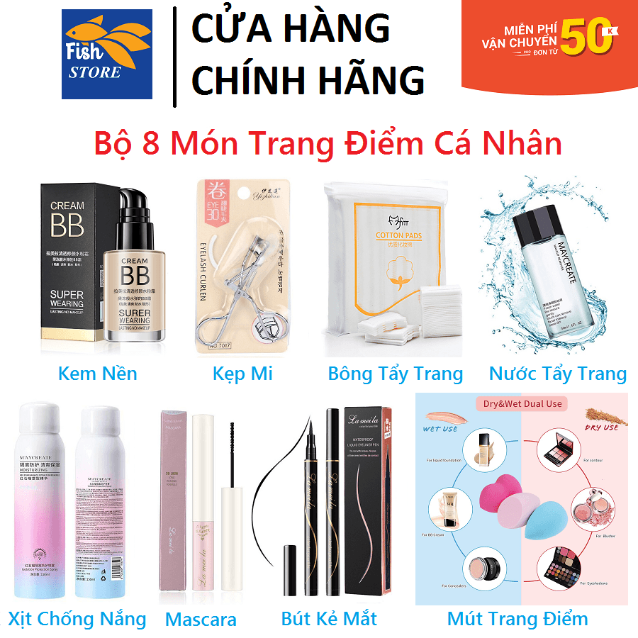 Bộ Trang Điểm MAKEUP Cá Nhân Đầy Đủ 8 Món Sang Xịn Xinh: Kem NềnChống NắngMascaraKẻ MắtTẩy TrangMút TánKẹp Mi