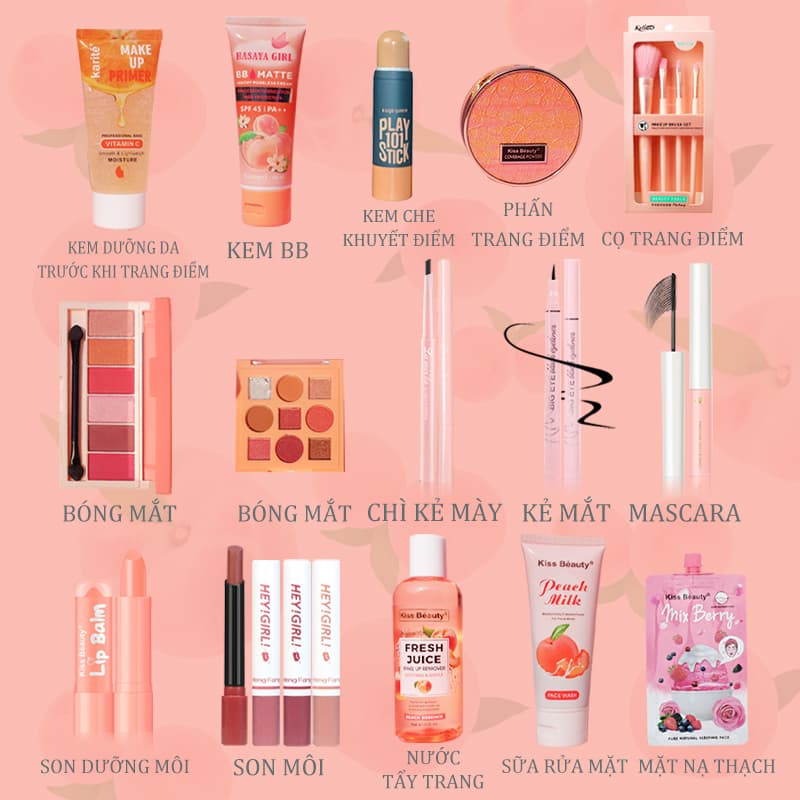 [HCM][Peachy Sis ] Bộ mỹ phẩm hoàn chỉnh 18 món(Cọ trang điểm+kem dưỡng ẩm+mặt nạ+BB cream +9 phấn mắt+6 phấn mắt+mascara kẻ mắt+chì kẻ mày+4 son môi+phấn trang điểm+ son dưỡng+viền bóng+tẩy trang+sữa rửa mặt)