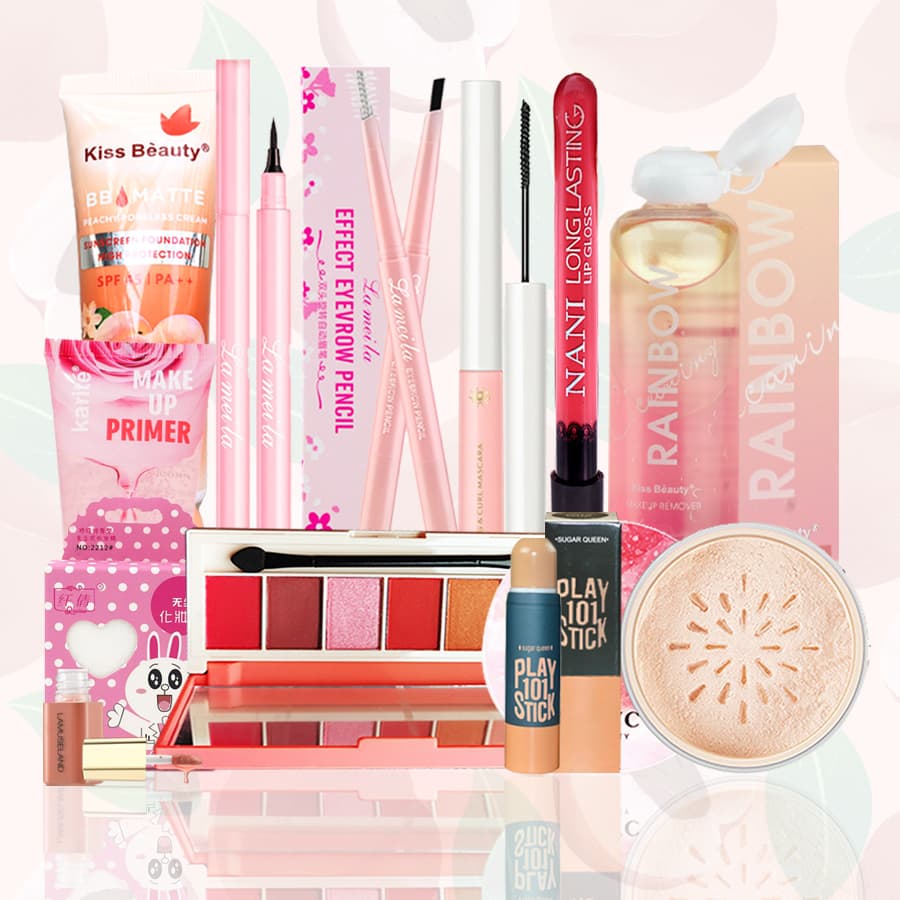 [HCM]【Kiss Belle Shop】 Bộ trang điểm đầy đủ Kem BB che khuyết điểm+ Kem dưỡng ẩm+Phấn phủ kiềm dầu+ Chì kẻ mày + mascara + son dưỡng mô+Bóng mắt+viền bóng+Má hồng+Son bóng+Trang điểm Miếng bông+Tẩy trang