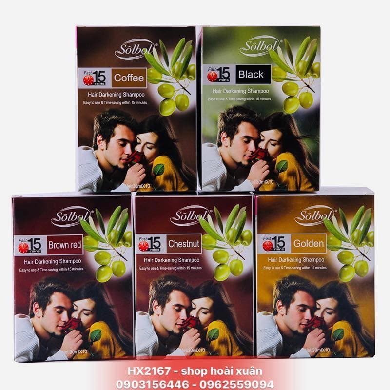Dầu gội nâu tóc - DẦU GỘI THẢO DƯỢC NHUỘM TÓC HÀN QUỐC SÔLBOL Hộp 10 gói x 30ml - gội đen tóc solbol - HX2167