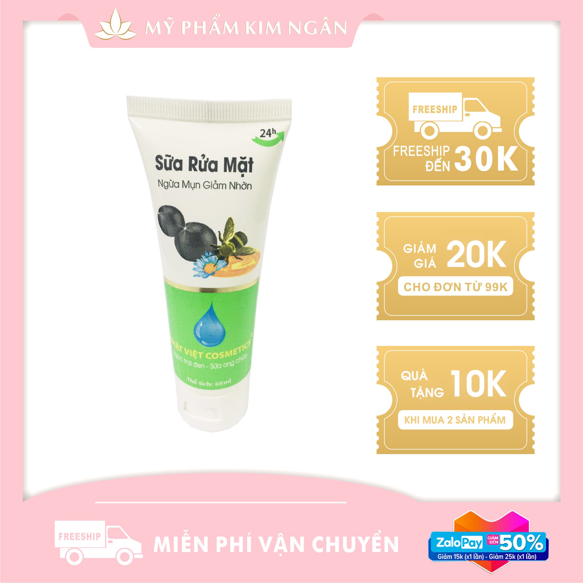 [HCM]Sữa Rửa Mặt Nhật Việt Ngừa Mụn Trắng Sáng Da Ngọc Trai Đen Sữa Ong Chúa (60ml) - Mỹ Phẩm Kim Ngân